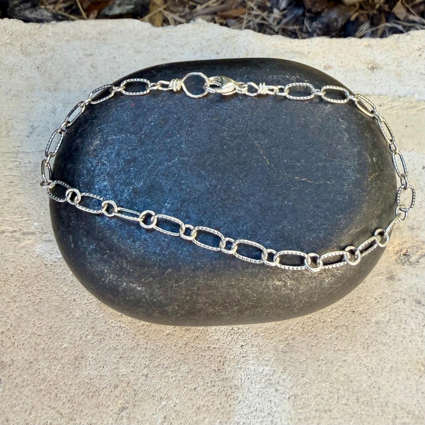 Silver Oval Link Bracelet • Textured Sterling Chain • Everyday Layering