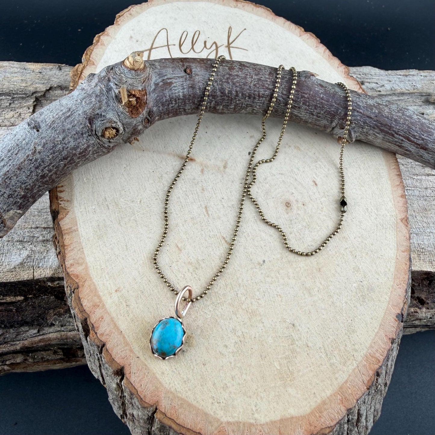 Kingman Turquoise Pendant Necklace • Antique Brass • 8×10 Turquoise Cabochon