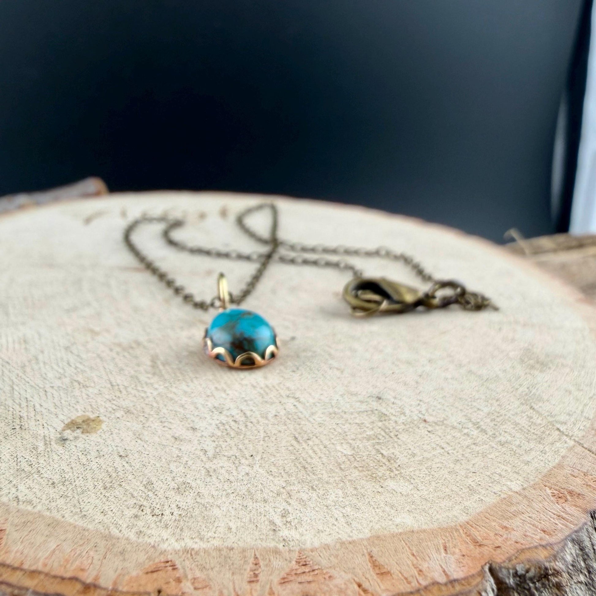 Kingman Turquoise Pendant Necklace • Antique Brass • 8×10 Turquoise Cabochon
