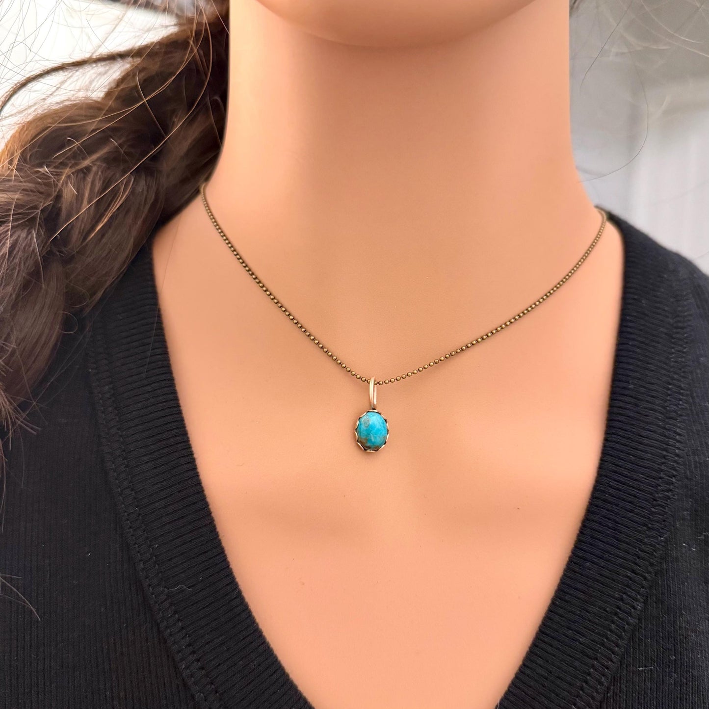 Kingman Turquoise Pendant Necklace • Antique Brass • 8×10 Turquoise Cabochon