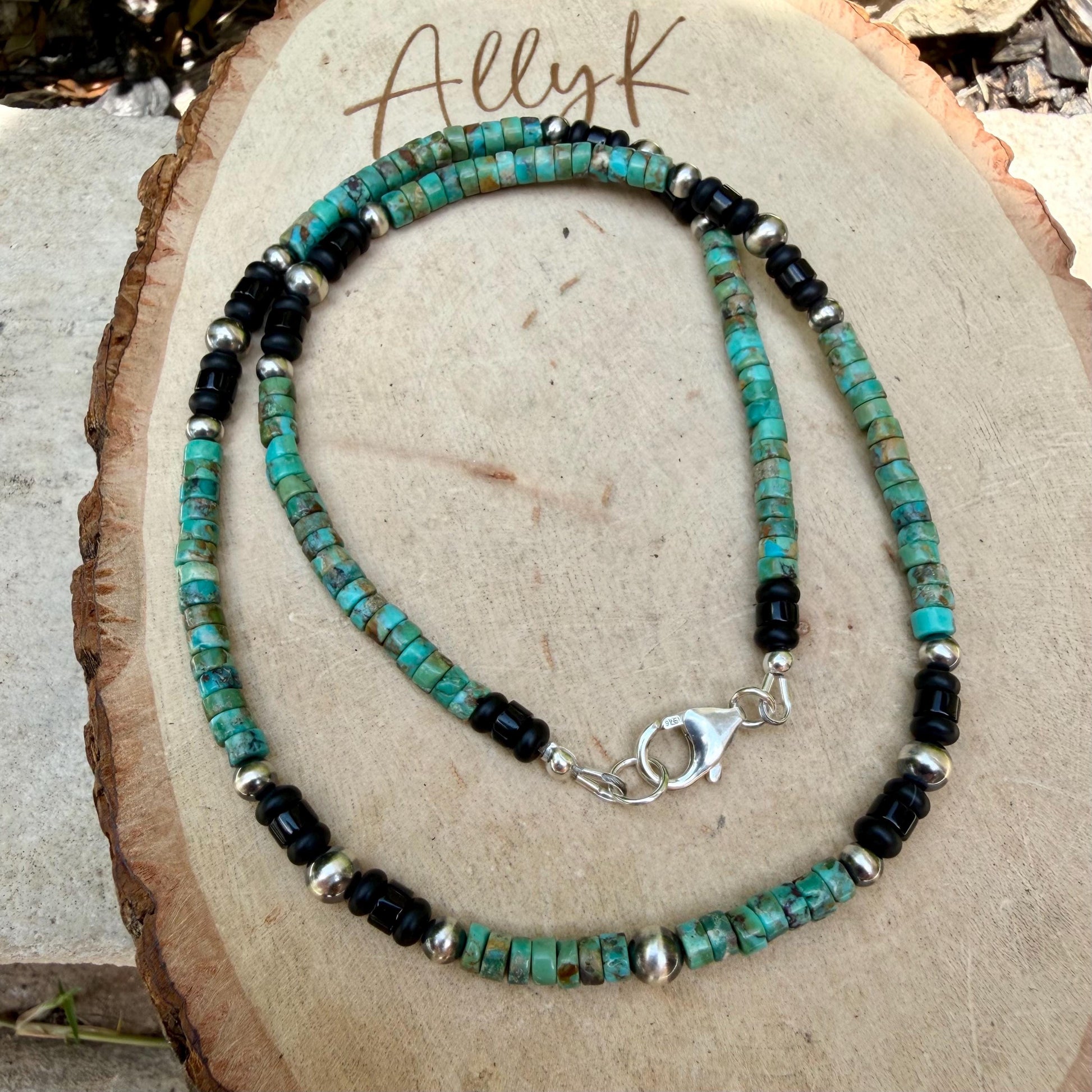 Turquoise & Onyx Desert Pearls Sterling Silver Choker Necklace • Southwestern Jewelry
