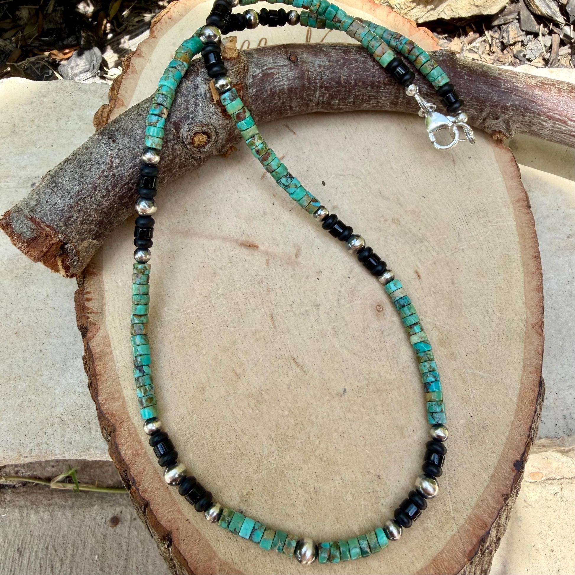 Turquoise & Onyx Desert Pearl Choker • Sterling Silver Southwestern Necklace