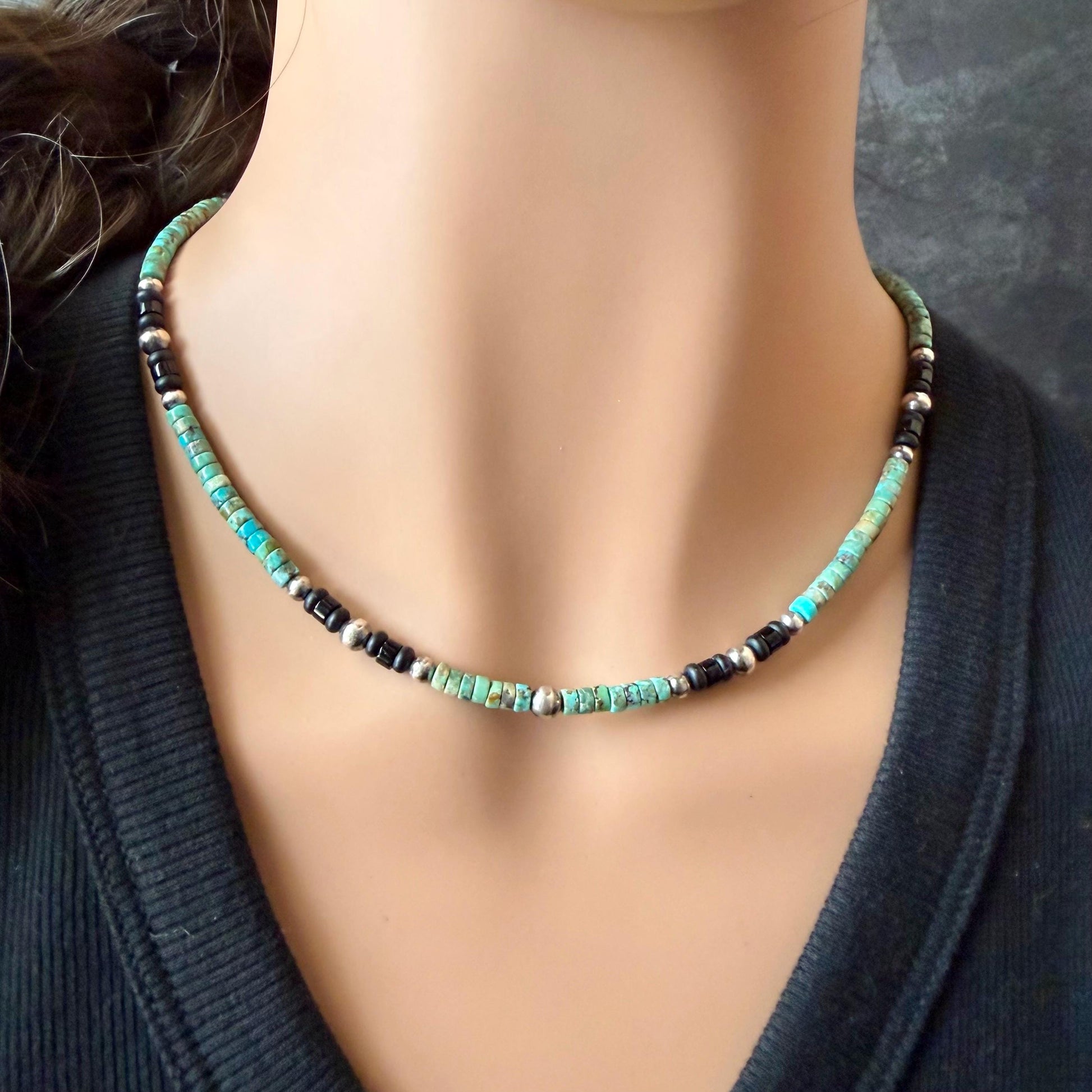 Turquoise & Onyx Desert Pearl Choker • Sterling Silver Southwestern Necklace