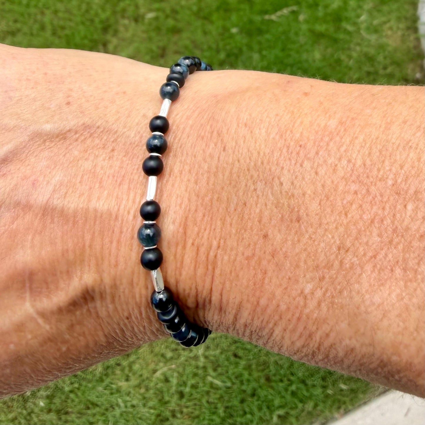 Blue Tiger’s Eye Onyx Bracelet • Hawk’s Eye • Sterling Silver Jewelry