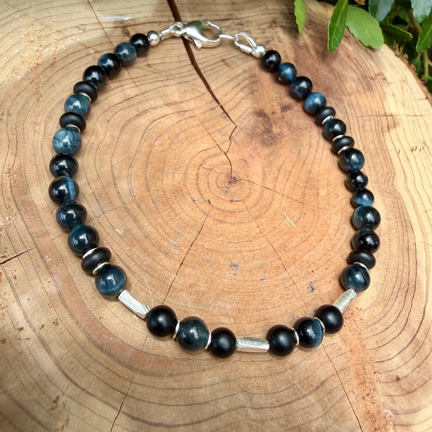 Blue Tiger’s Eye Onyx Bracelet • Hawk’s Eye • Sterling Silver Jewelry