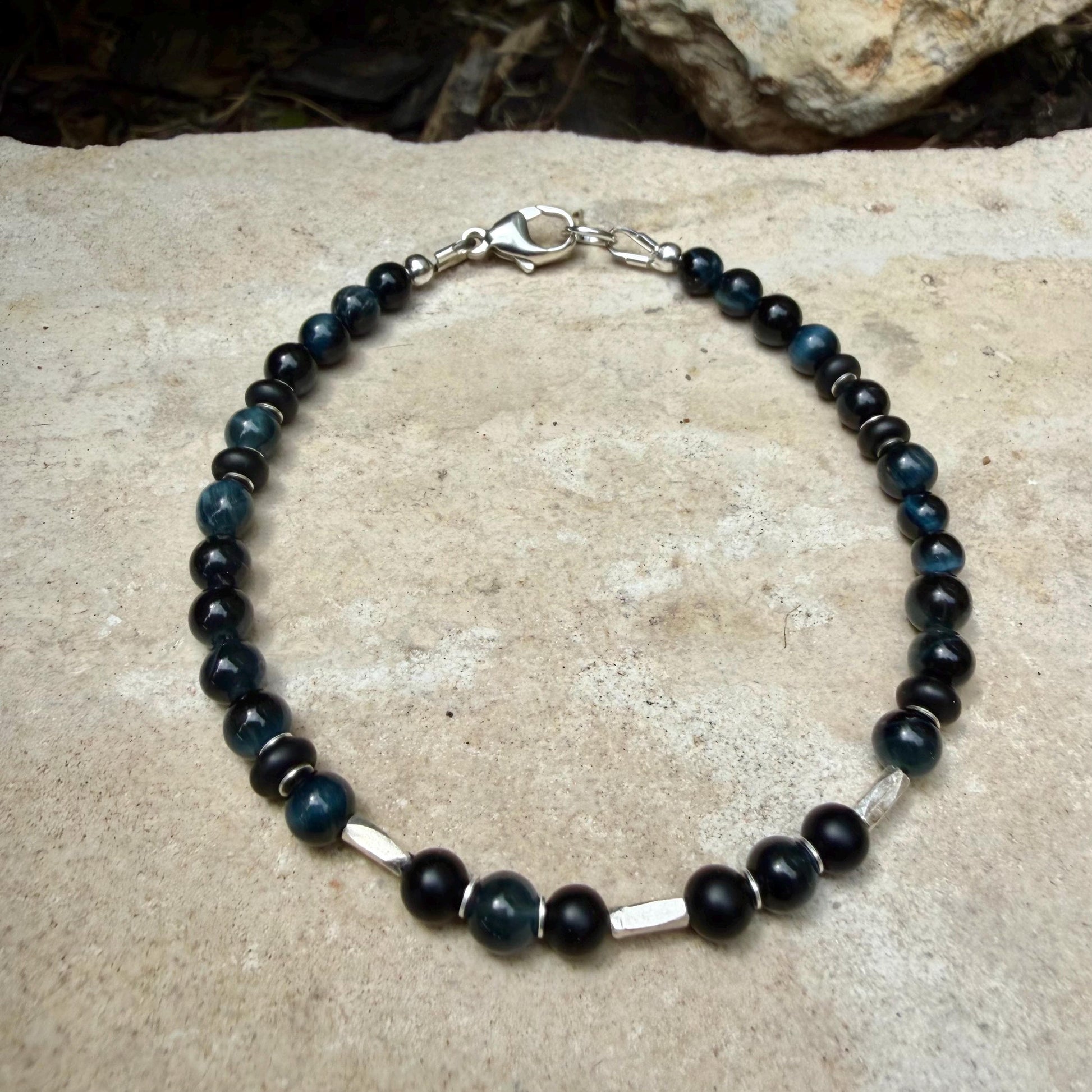 Blue Tiger’s Eye Onyx Bracelet • Hawk’s Eye • Sterling Silver Jewelry