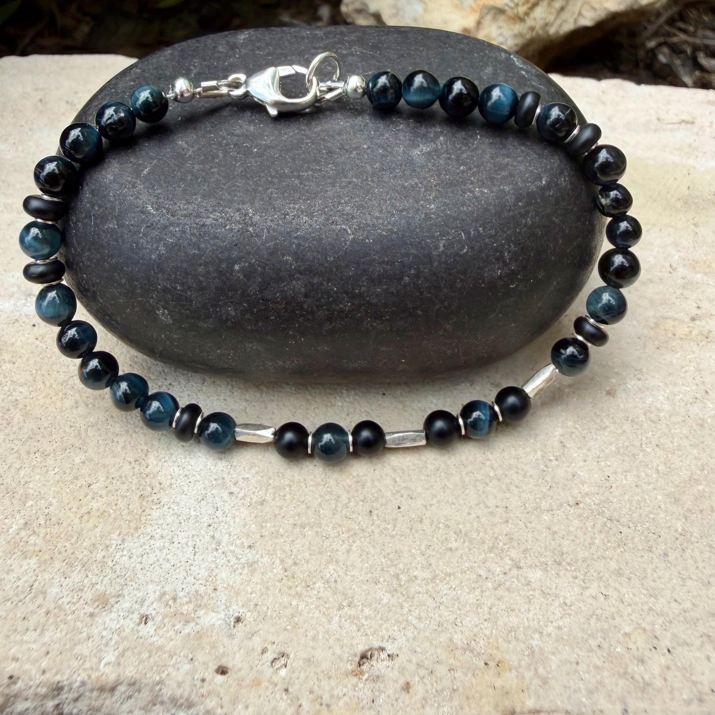 Blue Tiger’s Eye Onyx Bracelet • Hawk’s Eye • Sterling Silver Jewelry