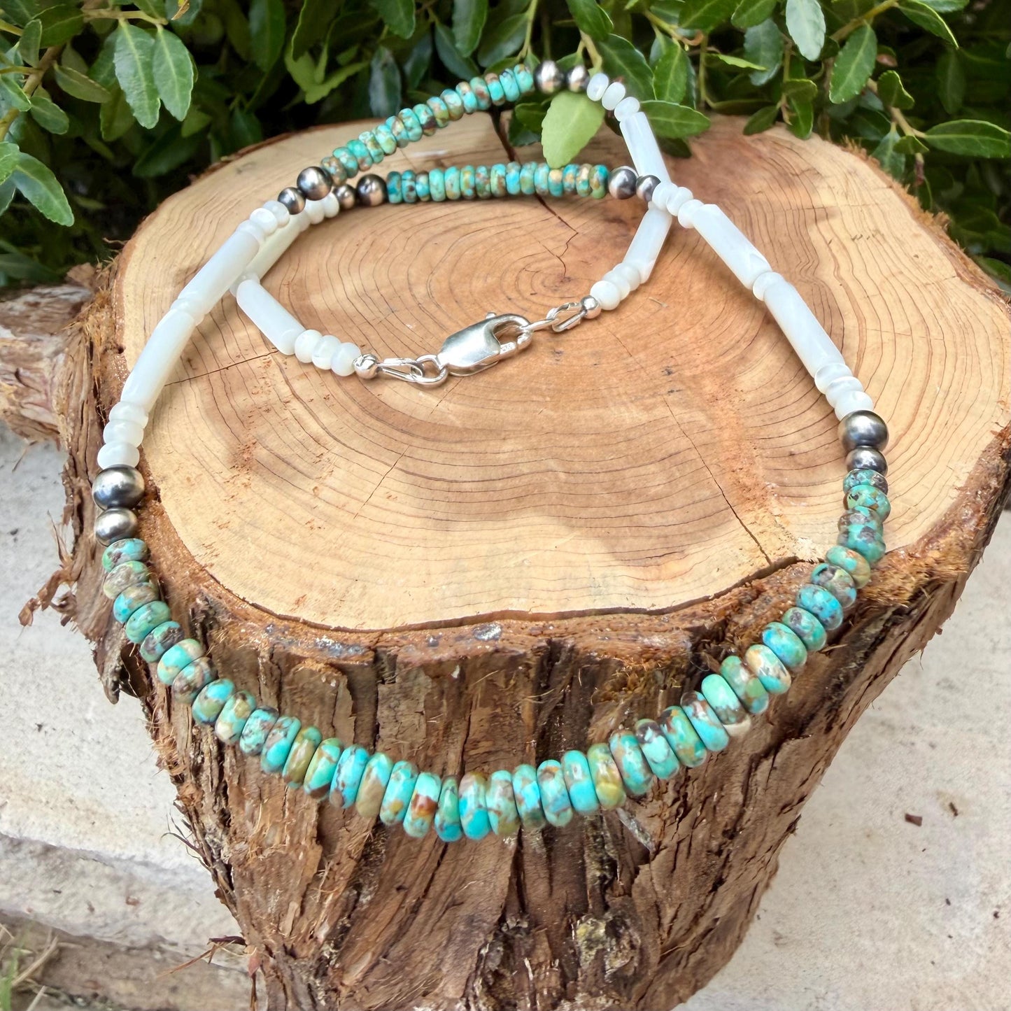 Mother of Pearl, Kingman Turquoise & Desert Pearl Choker • Sterling Silver • Southwestern Jewelry