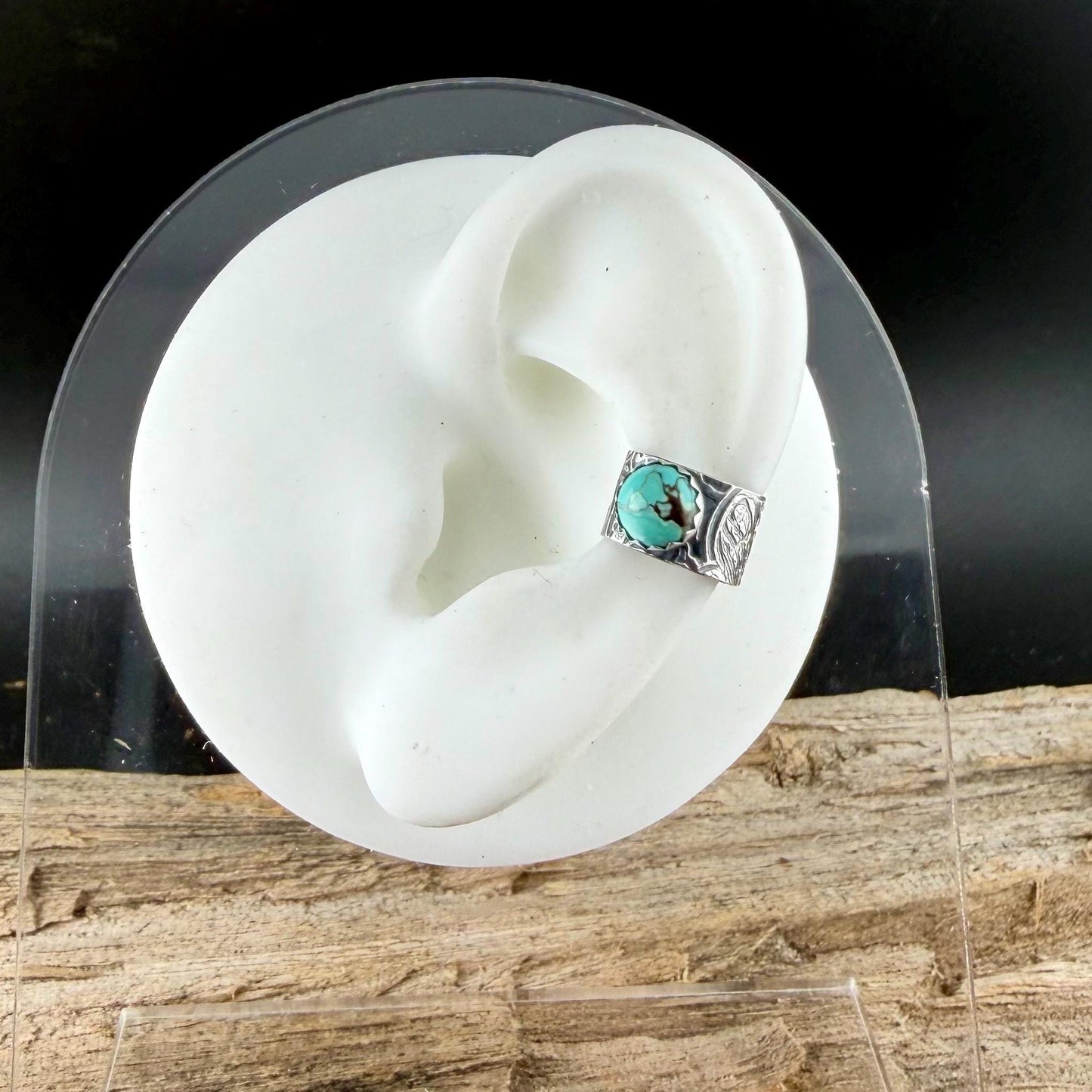 6mm Royston Turquoise Sterling Silver Ear Cuff | Floral Wide Band, No‑Piercing Earring