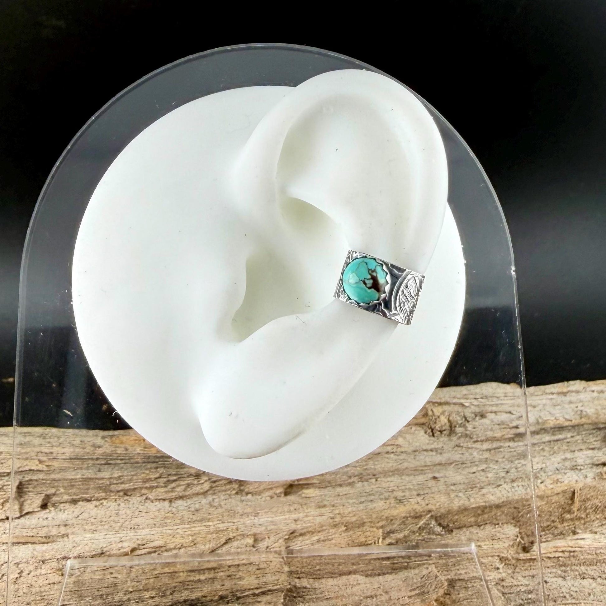6mm Royston Turquoise Sterling Silver Ear Cuff | Floral Wide Band, No‑Piercing Earring