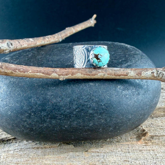 6mm Royston Turquoise Sterling Silver Ear Cuff | Floral Wide Band, No‑Piercing Earring