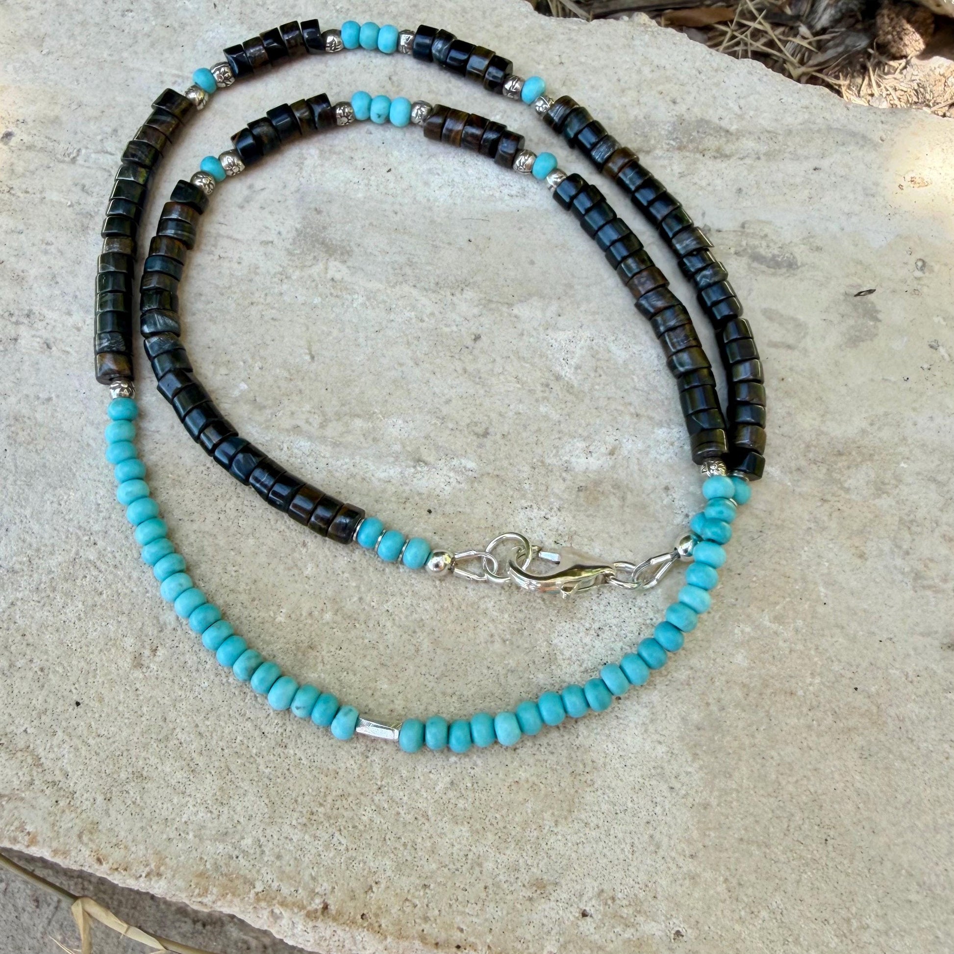 Blue Tiger’s Eye Hawk’s Eye Choker Necklace • Turquoise • Sterling Silver