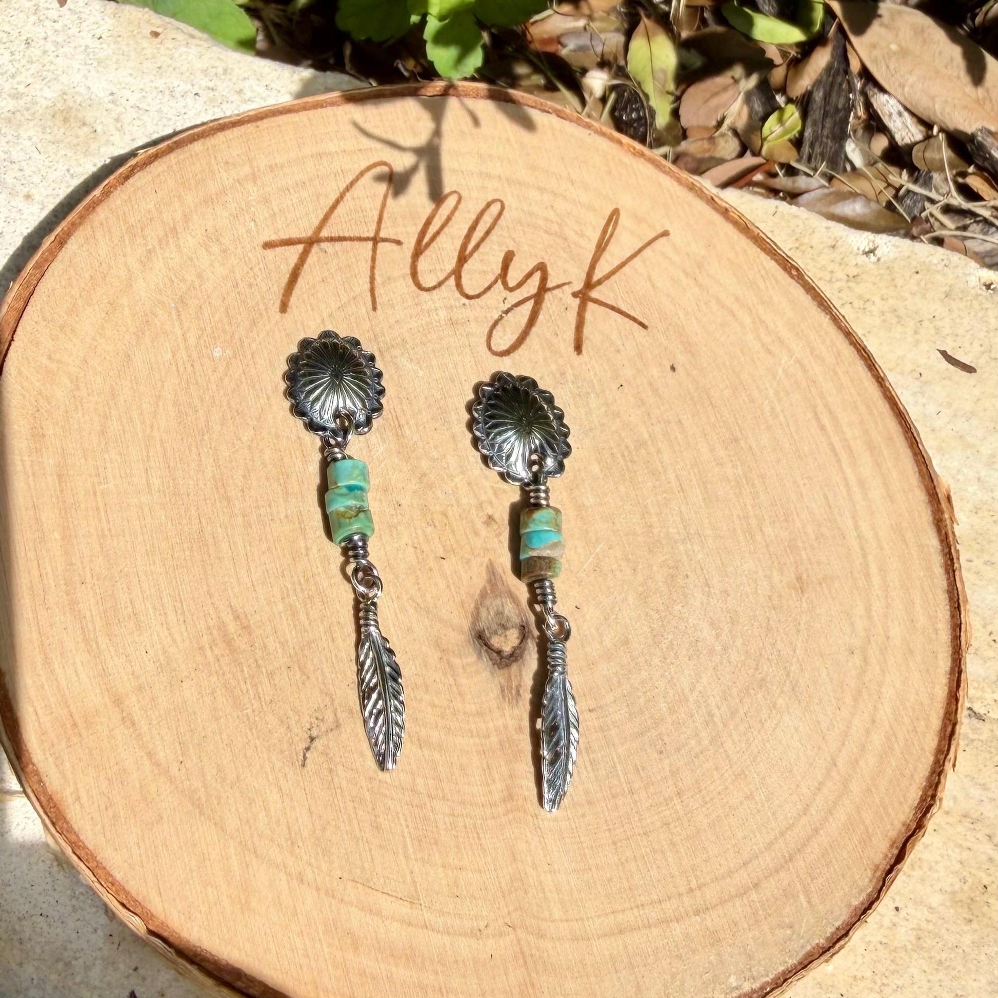 Oval Concho Turquoise Heishi Earrings • Sterling Silver • Feather Dangle