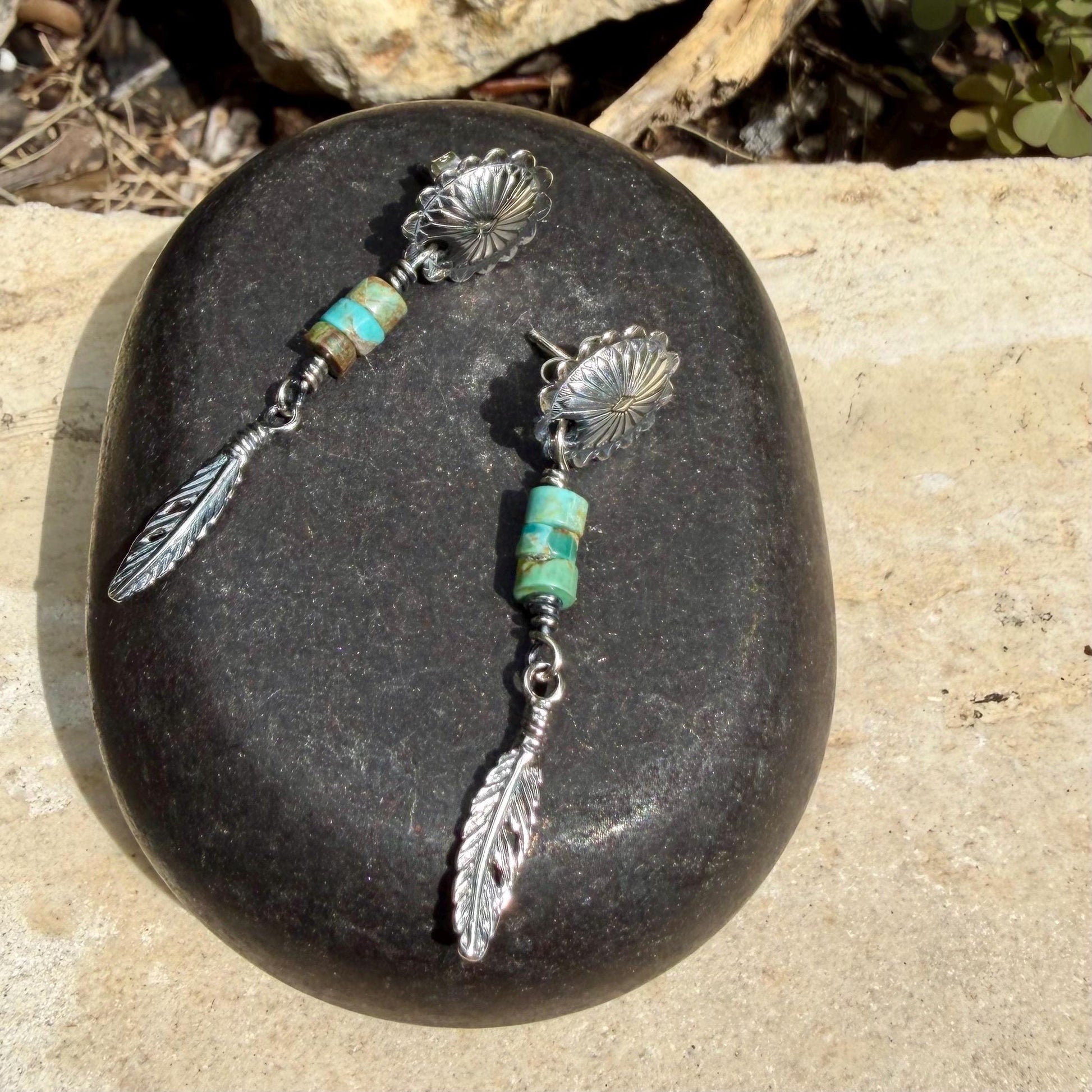 Oval Concho Turquoise Heishi Earrings • Sterling Silver • Feather Dangle