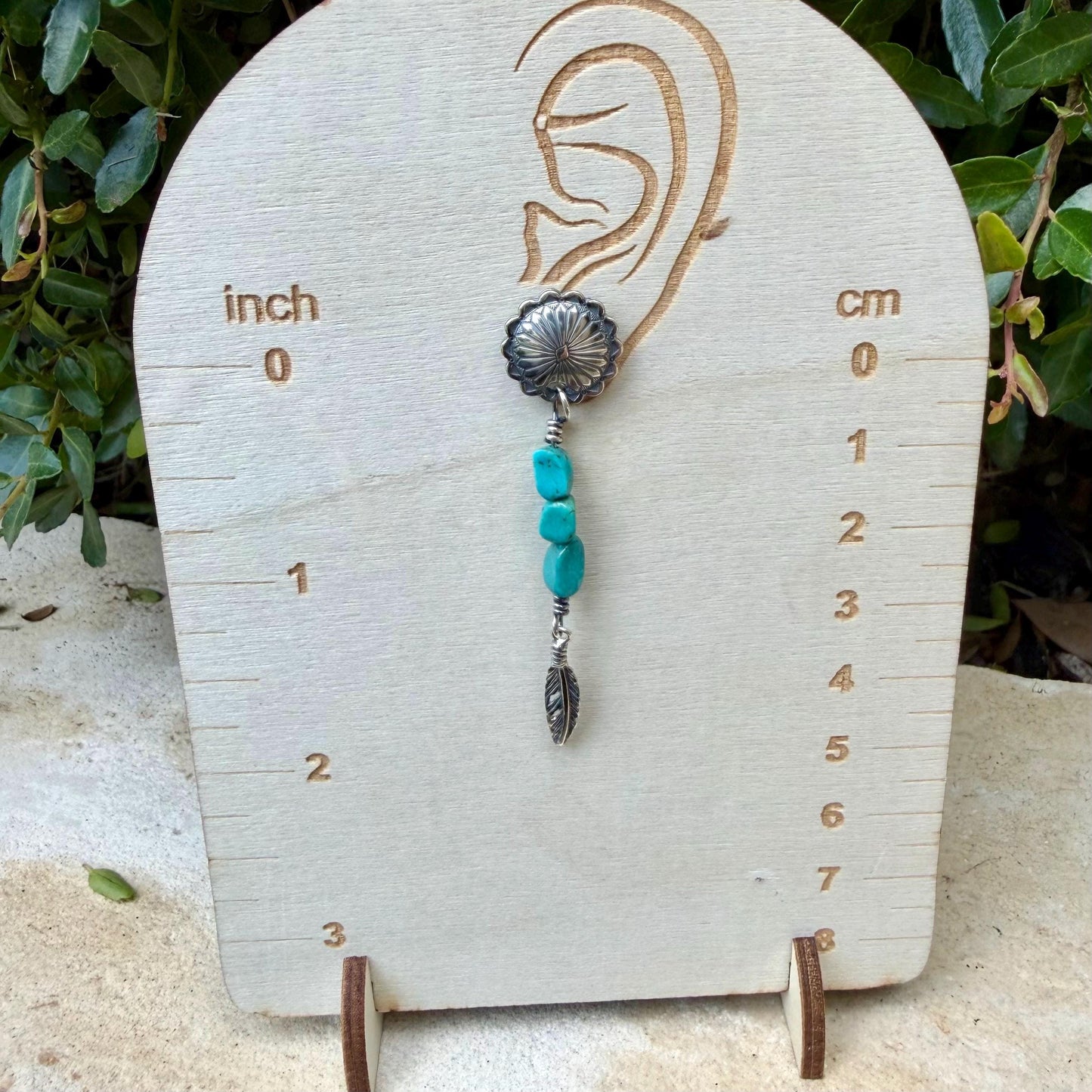 Scalloped Concho Turquoise Nugget Earrings • Sterling Silver • Feather Dangle