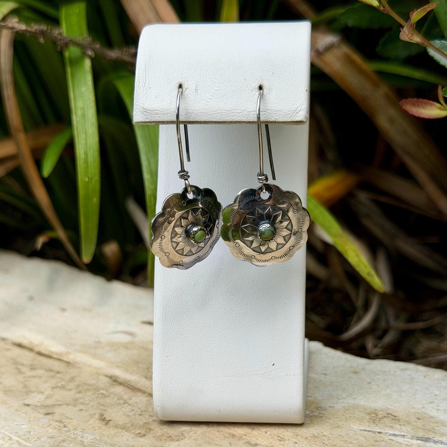 Sterling Sunflower Concho Earrings • Kingman Turquoise • 20mm Dangle