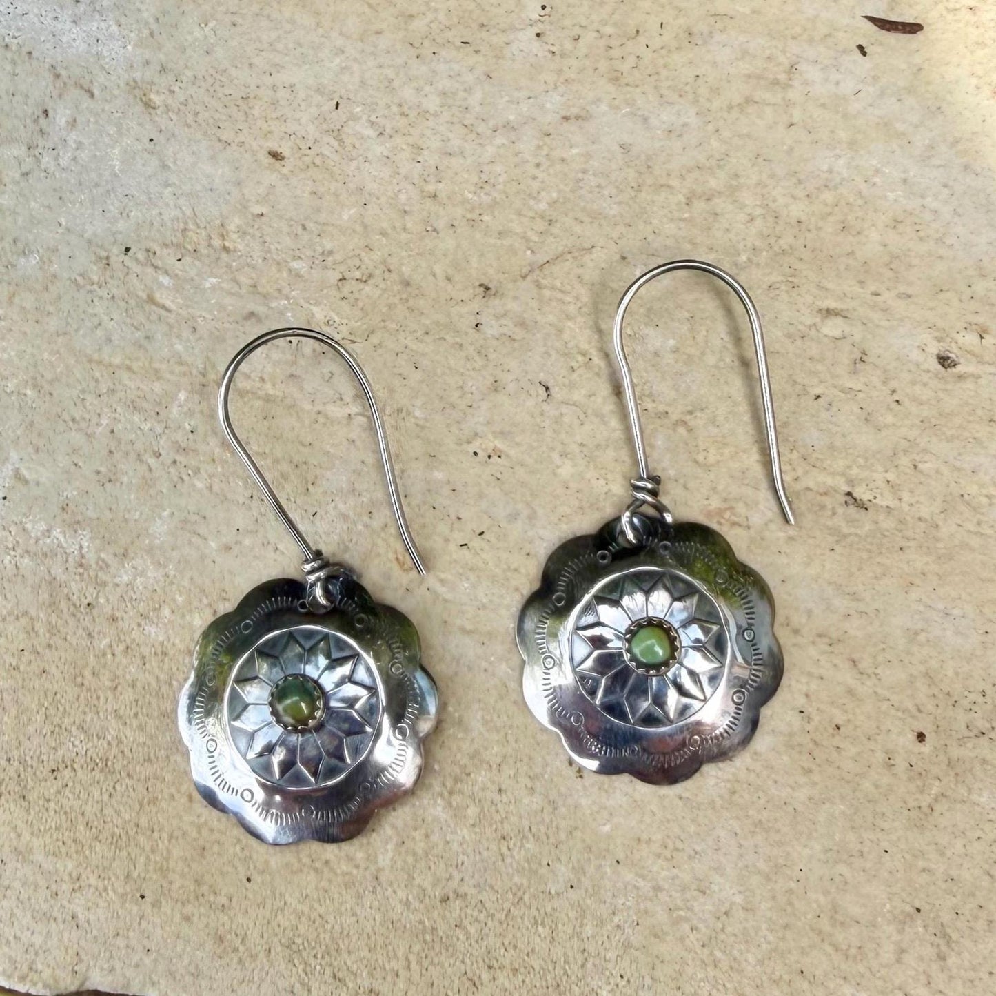 Sterling Sunflower Concho Earrings • Kingman Turquoise • 20mm Dangle