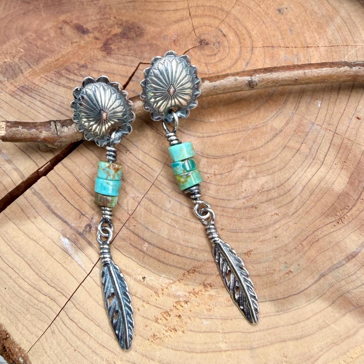 Oval Concho Turquoise Heishi Earrings • Sterling Silver • Feather Dangle