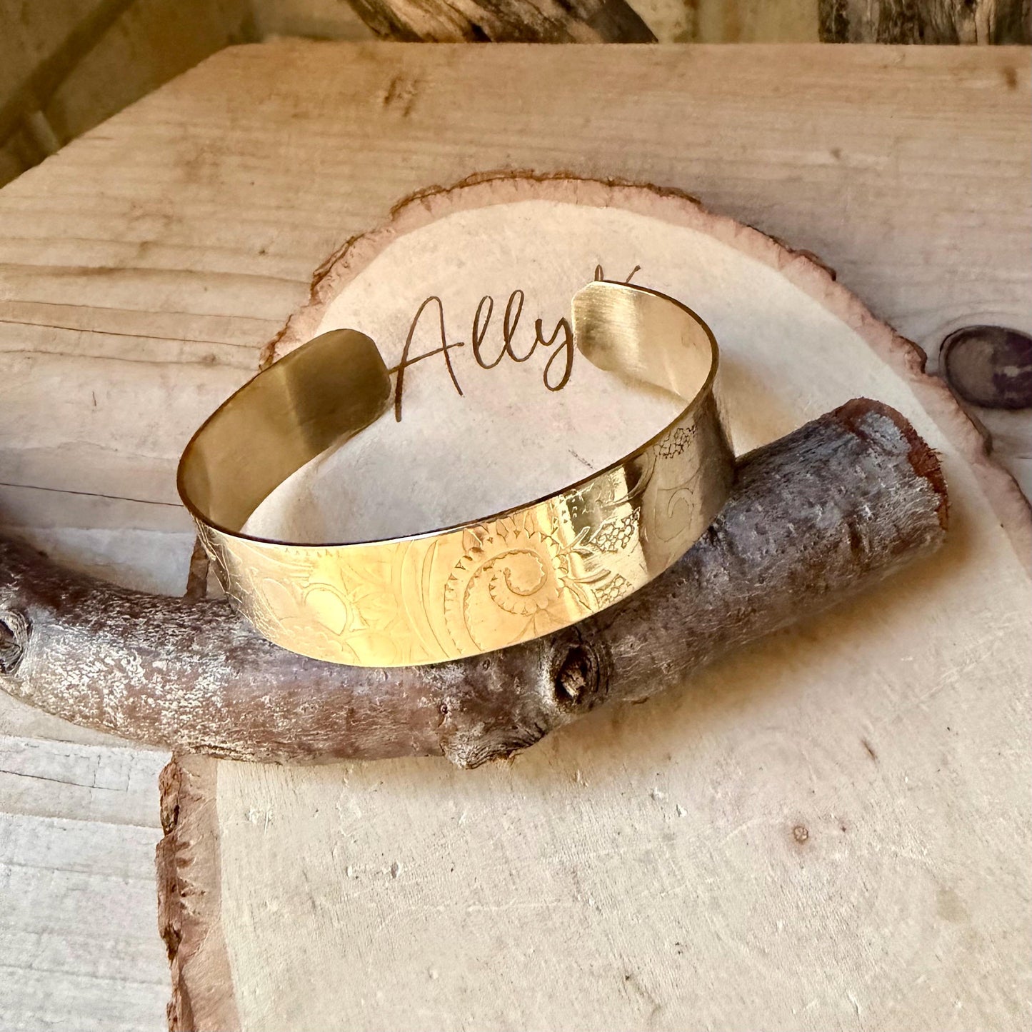 Flower Pattern Brass Cuff • Hand‑Forged • Rustic Golden Bracelet