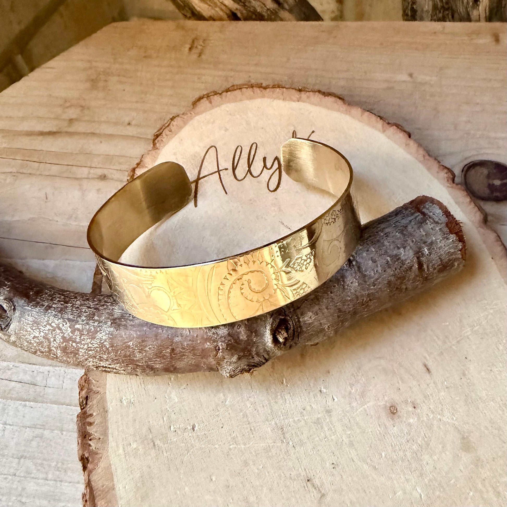 Flower Pattern Brass Cuff • Hand‑Forged • Rustic Golden Bracelet