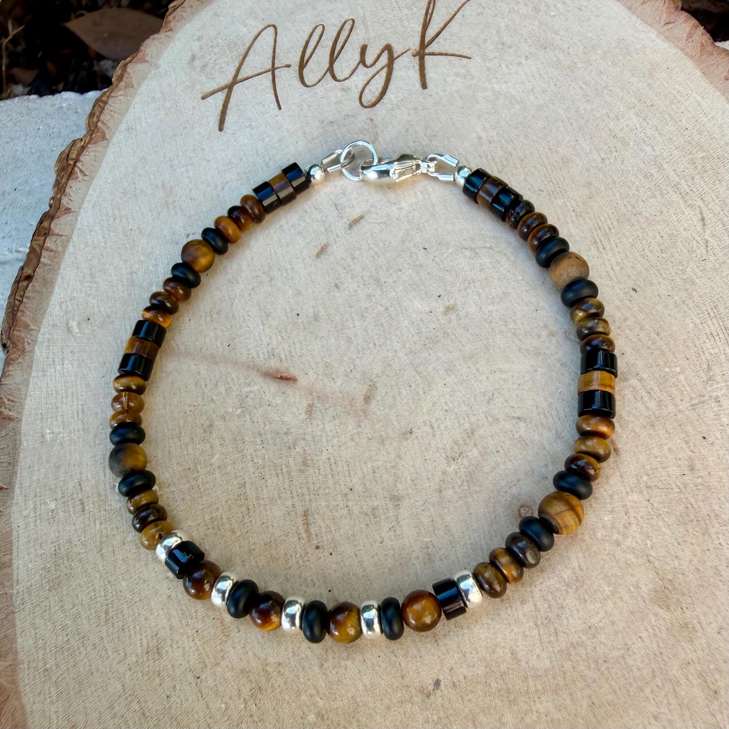 Tiger’s Eye Bracelet • 4mm Mixed Cuts • Black Onyx • Sterling Silver Clasp