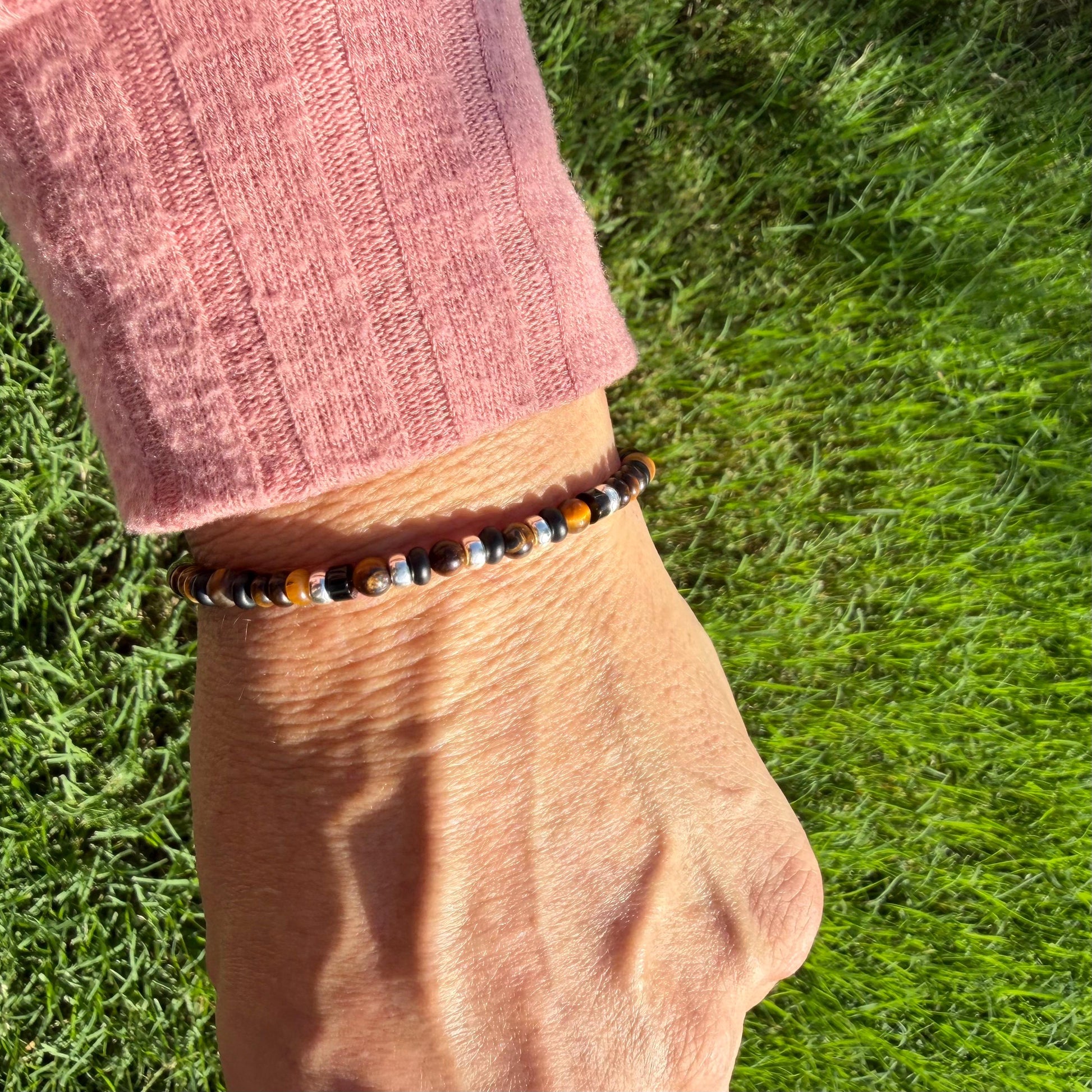 Tiger’s Eye Bracelet • 4mm Mixed Cuts • Black Onyx • Sterling Silver Clasp