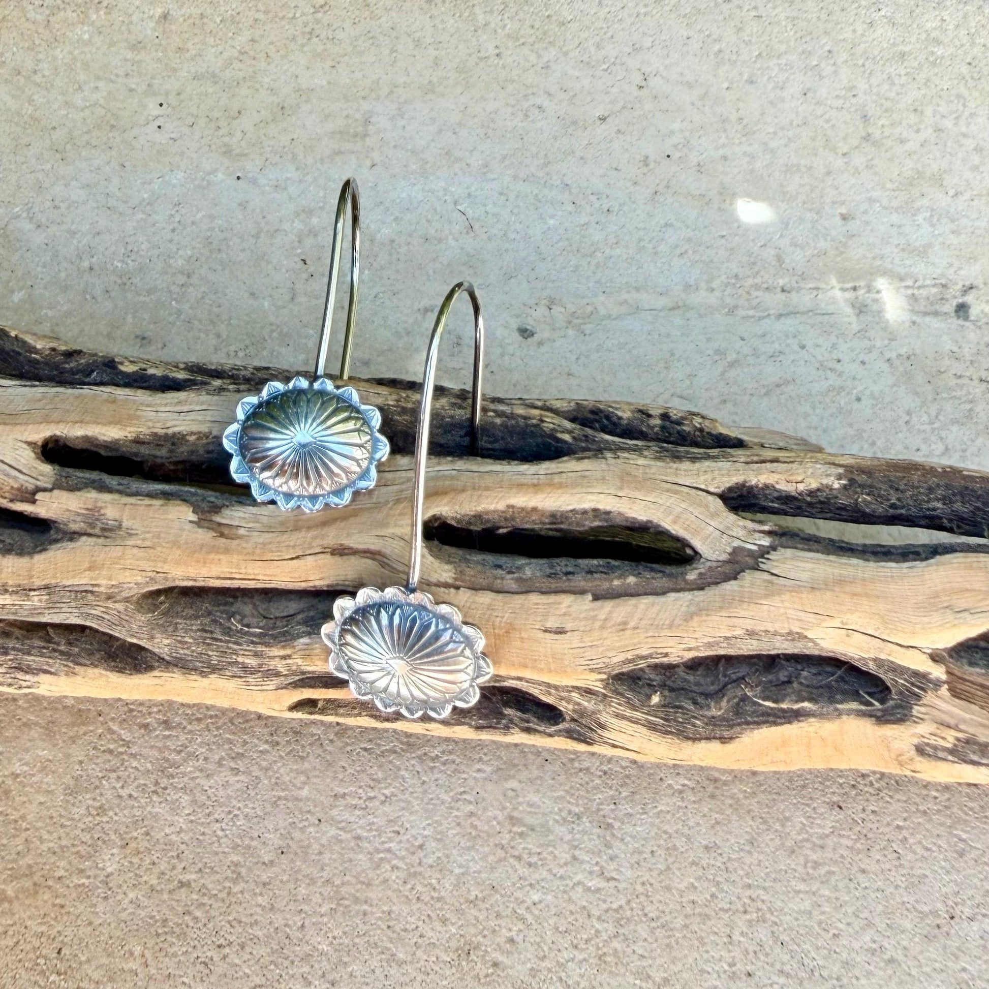 Sterling Concho Drop Earrings • Oval or Round Scalloped • Argentium Ear Wires • 18g 20g