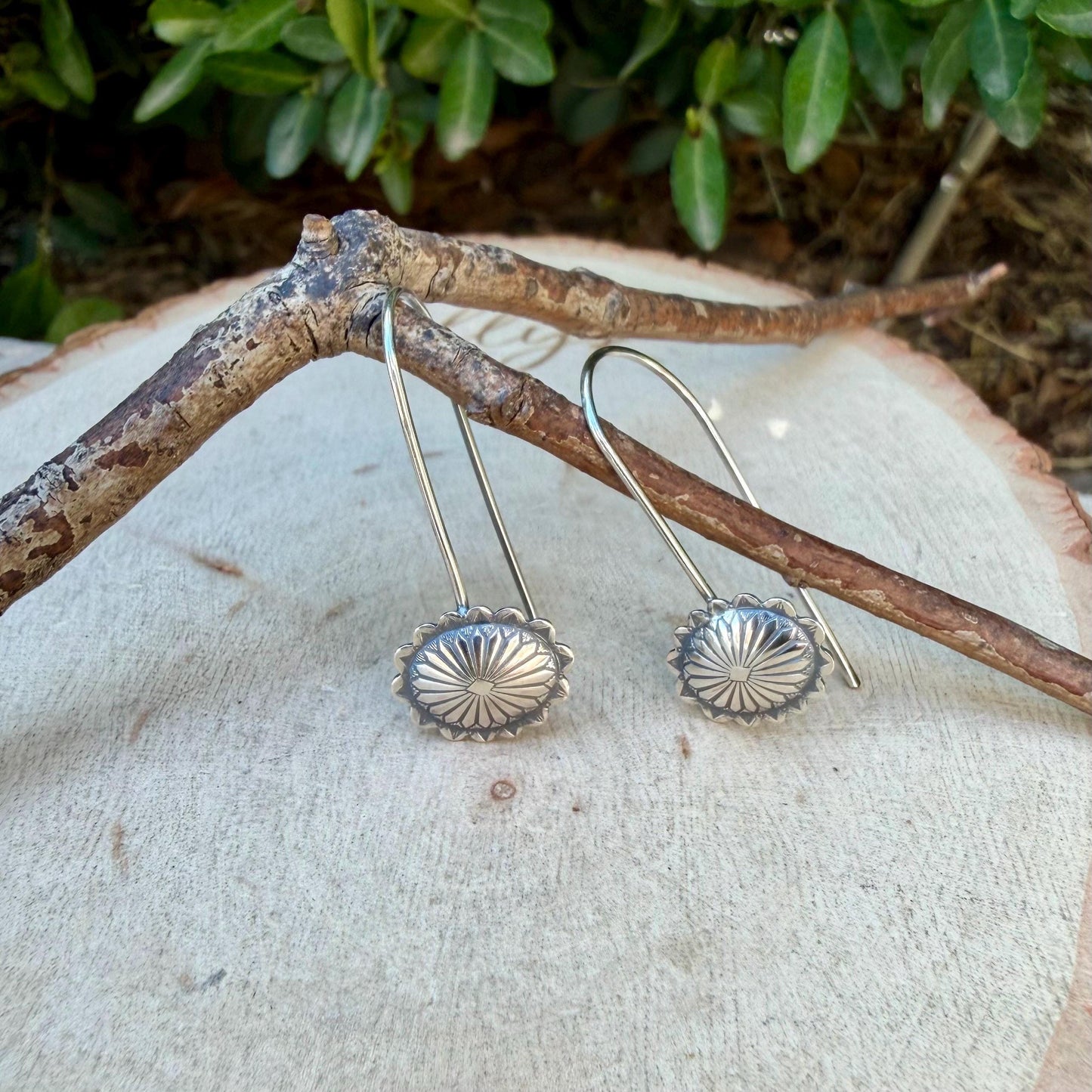 Sterling Concho Drop Earrings • Oval or Round Scalloped • Argentium Ear Wires • 18g 20g