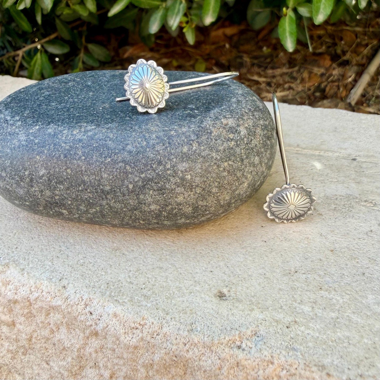 Sterling Concho Drop Earrings • Oval or Round Scalloped • Argentium Ear Wires • 18g 20g