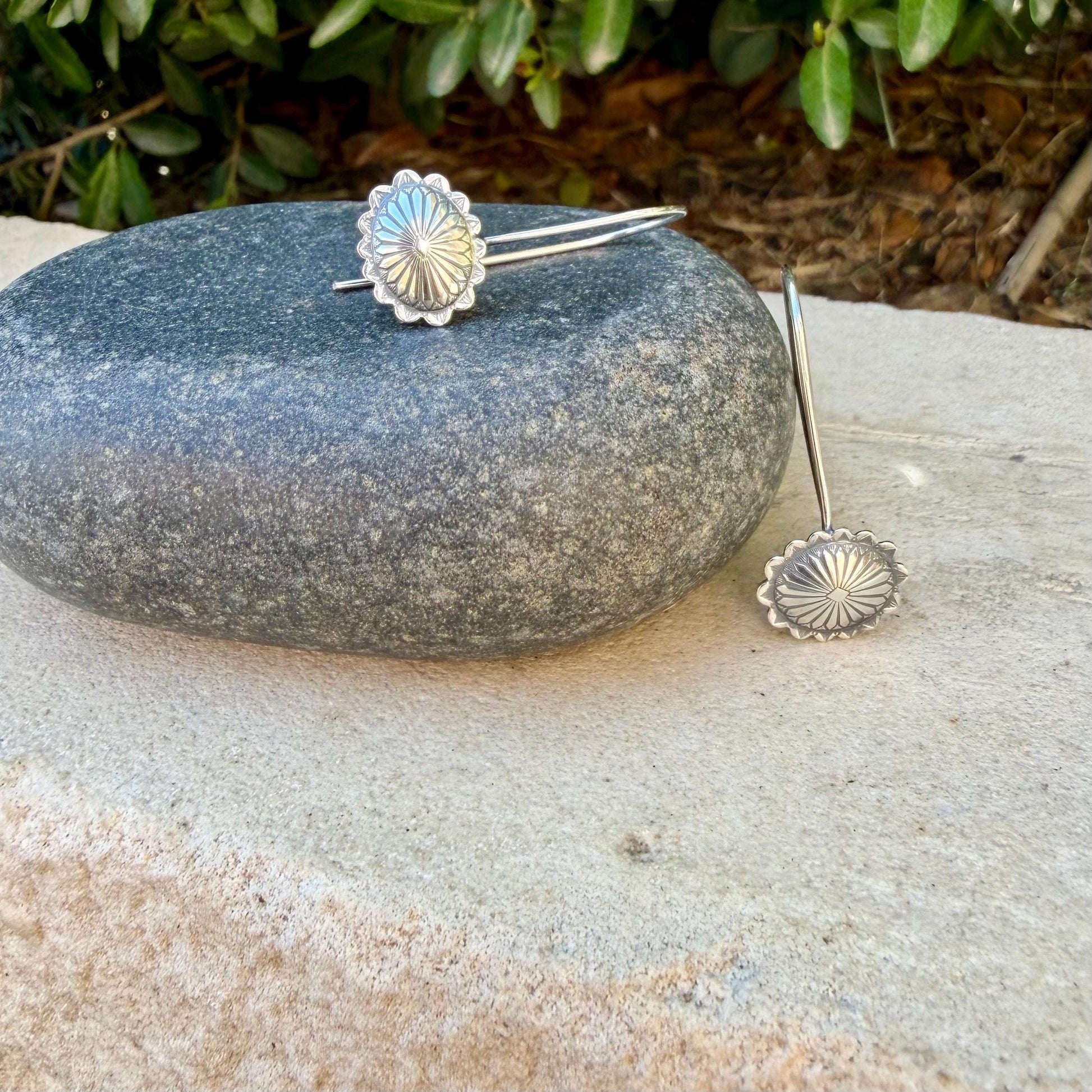 Sterling Concho Drop Earrings • Oval or Round Scalloped • Argentium Ear Wires • 18g 20g