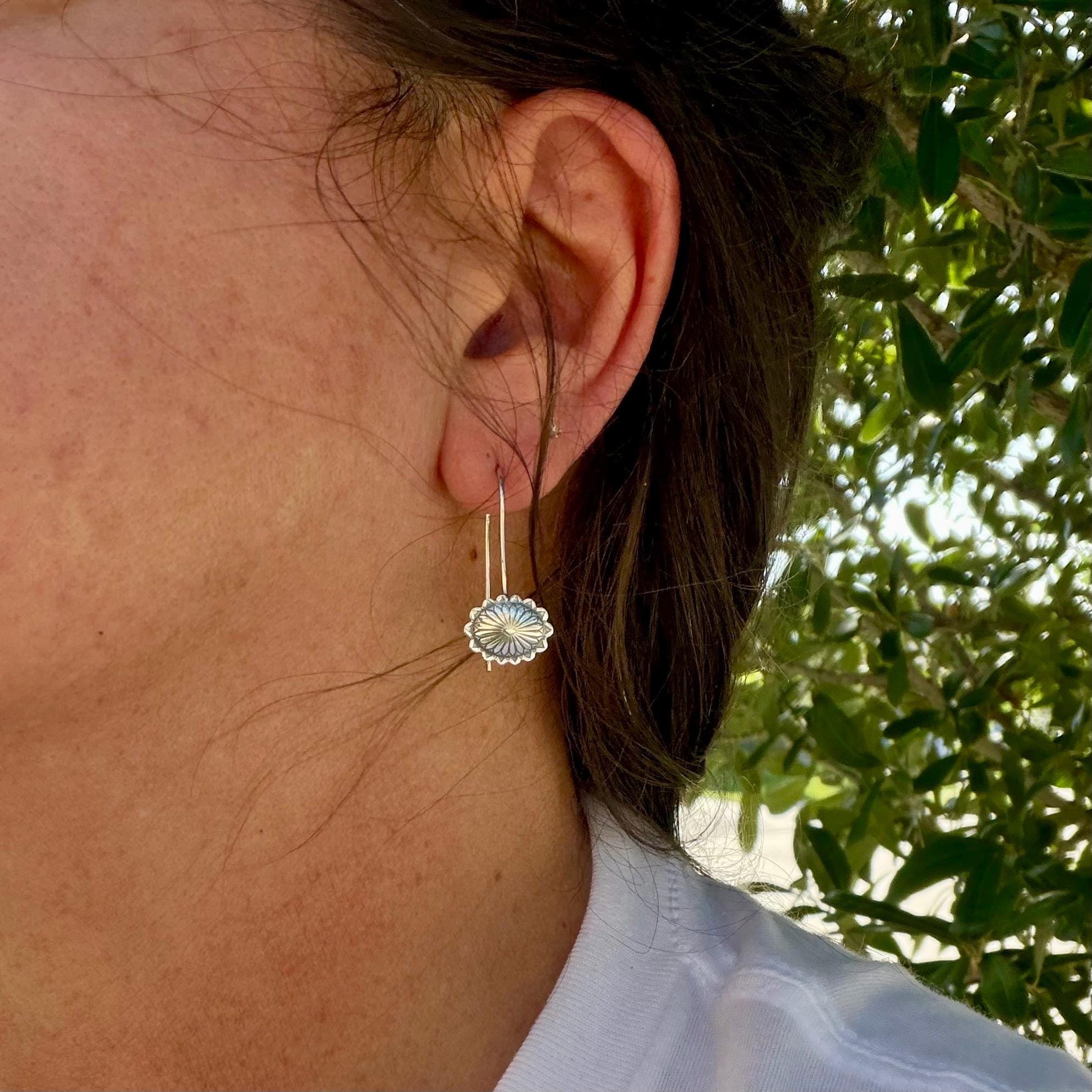 Sterling Concho Drop Earrings • Oval or Round Scalloped • Argentium Ear Wires • 18g 20g