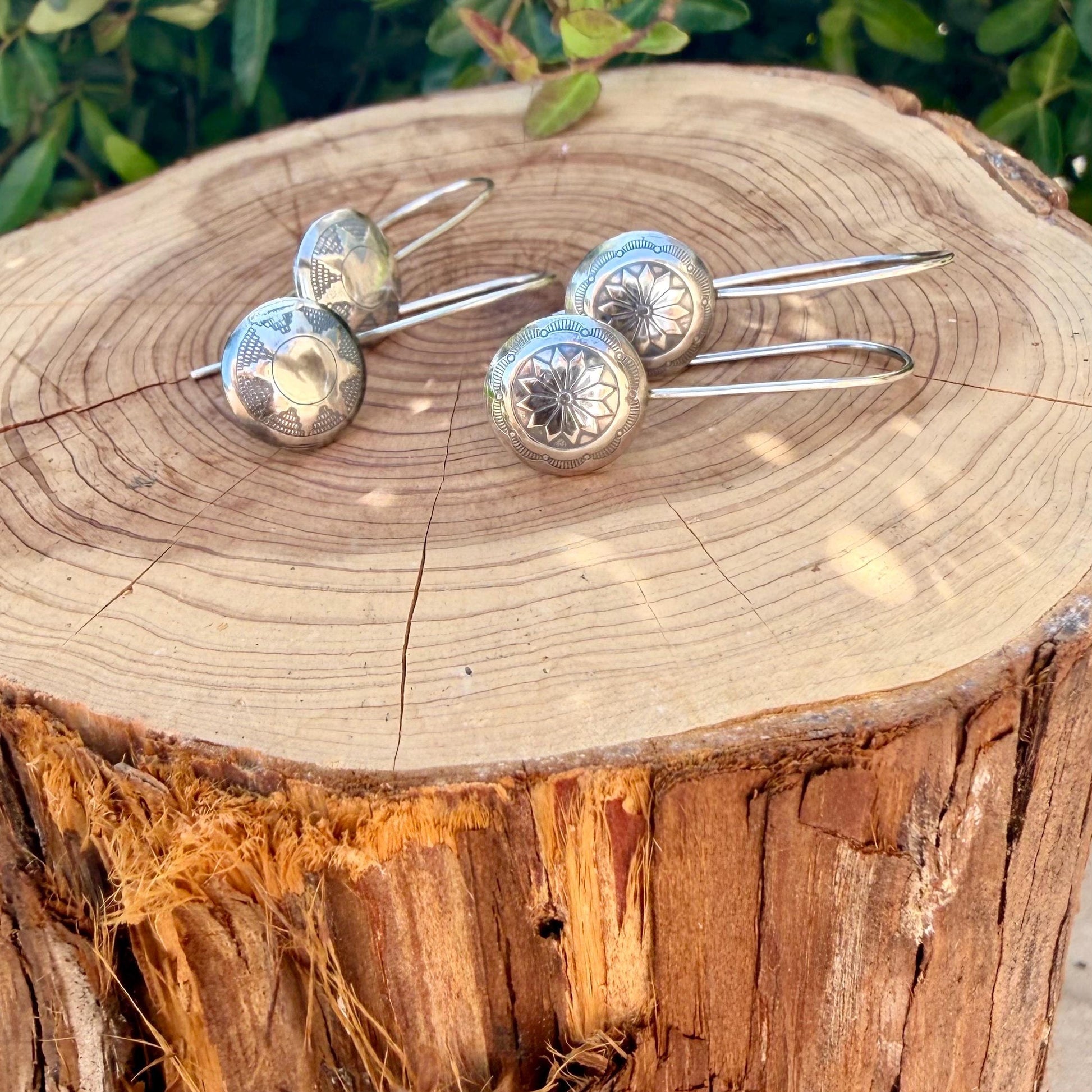 Sterling Concho Drop Earrings • Sunflower or Starburst Dangles • Argentium Ear Wires • 18g 20g