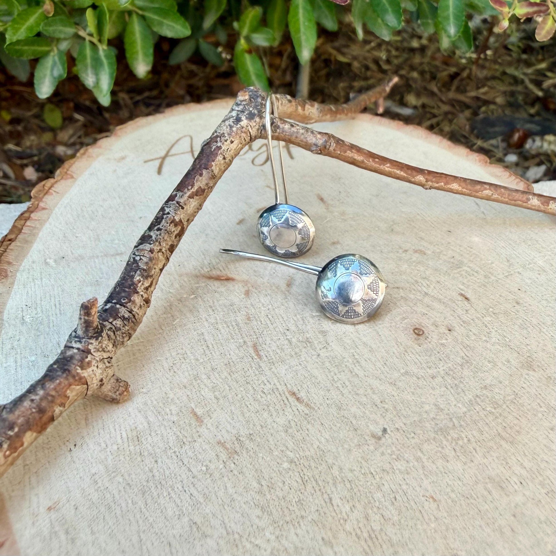 Sterling Concho Drop Earrings • Sunflower or Starburst Dangles • Argentium Ear Wires • 18g 20g