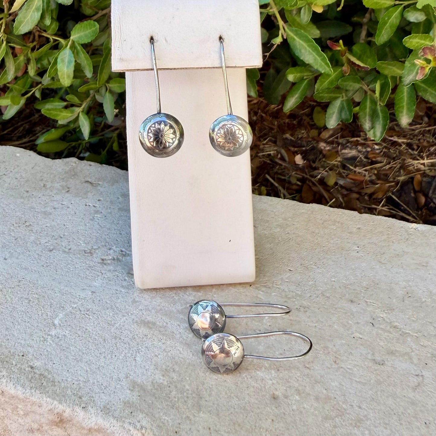 Sterling Concho Drop Earrings • Sunflower or Starburst Dangles • Argentium Ear Wires • 18g 20g