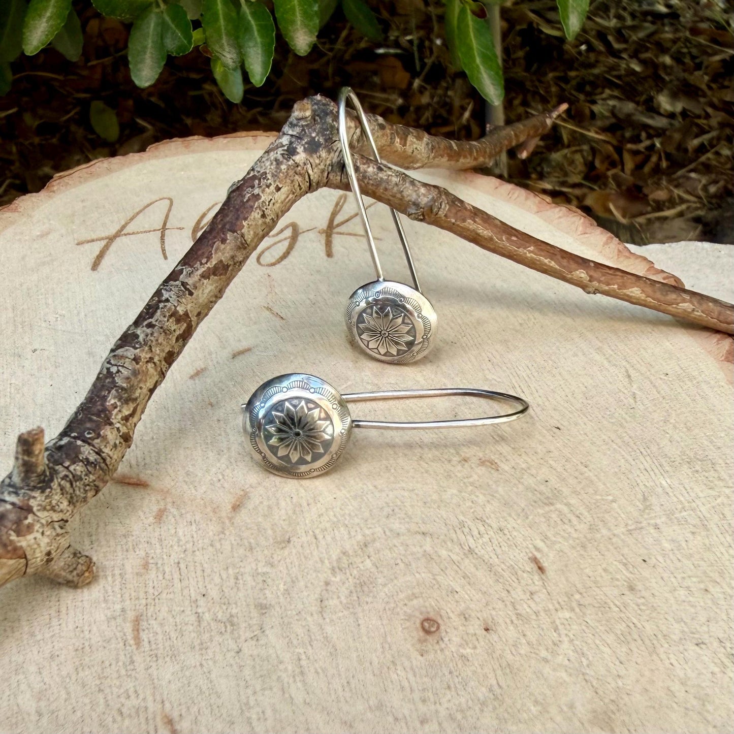 Sterling Concho Drop Earrings • Sunflower or Starburst Dangles • Argentium Ear Wires • 18g 20g
