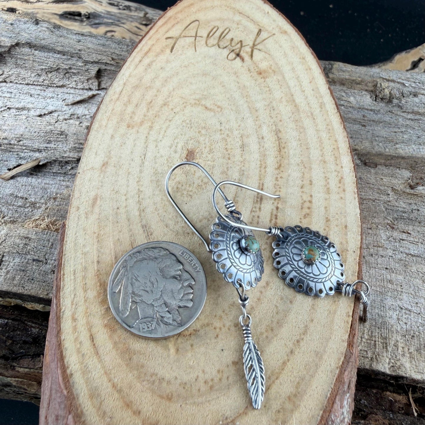 Kingman Turquoise Concho Earrings • Sterling Feather Dangle • Southwestern Style