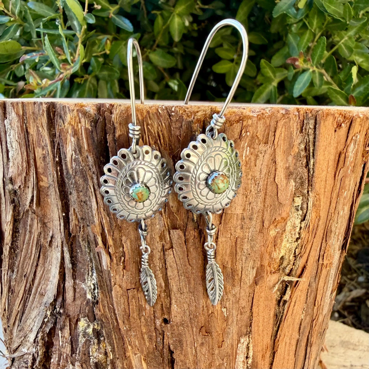 Kingman Turquoise Concho Earrings • Sterling Feather Dangle • Southwestern Style
