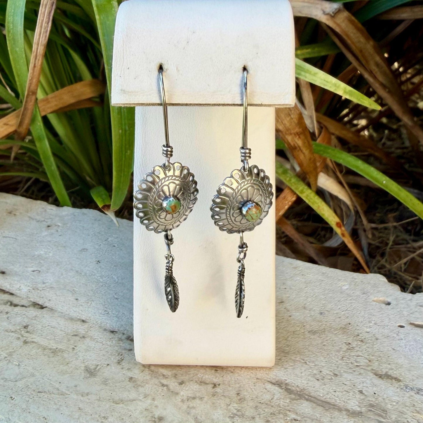 Kingman Turquoise Concho Earrings • Sterling Feather Dangle • Southwestern Style