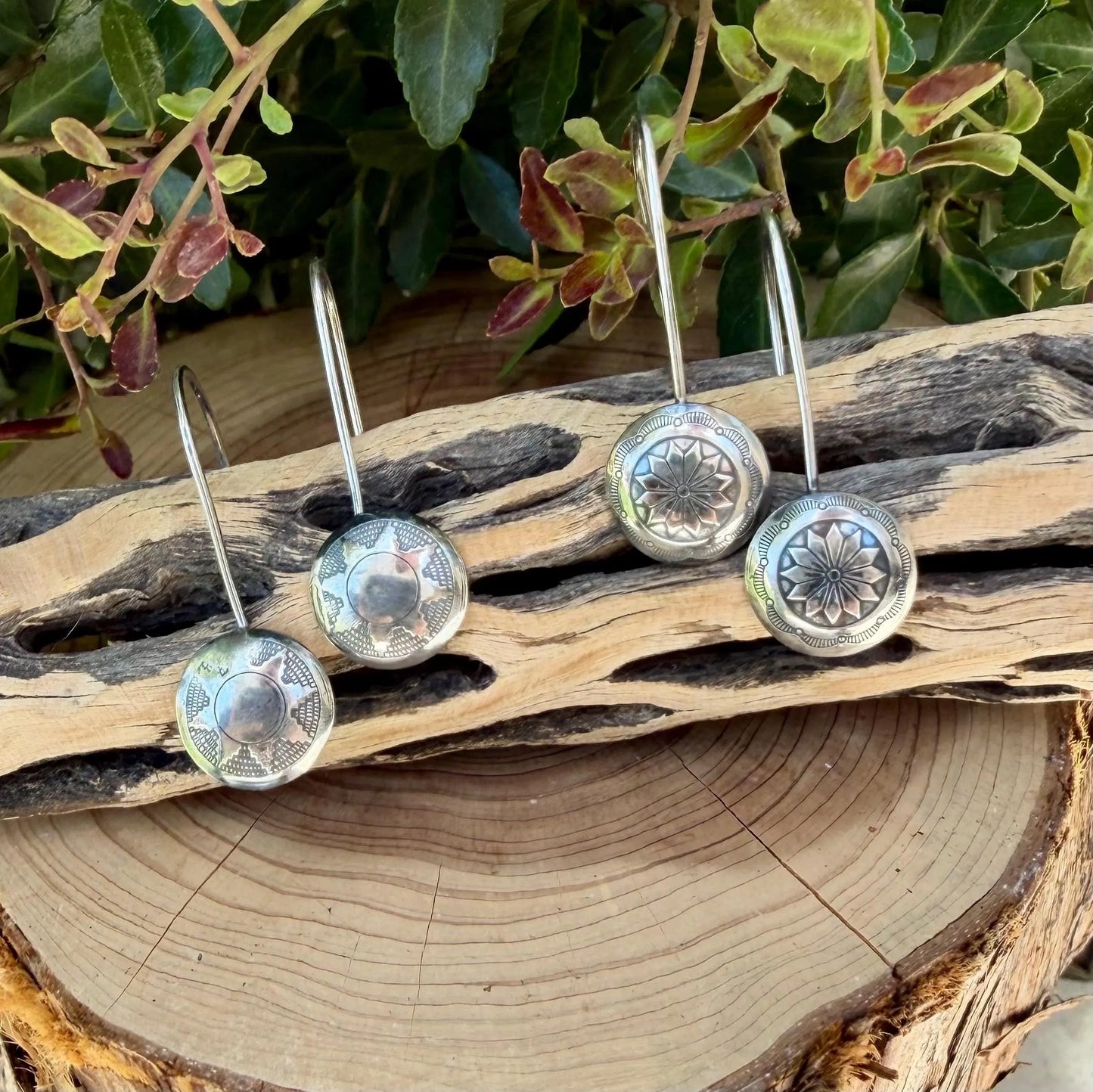 Sterling Silver Concho Earrings • Sunflower or Starburst Dangle Drops • Argentium Ear Wires 18g 20g