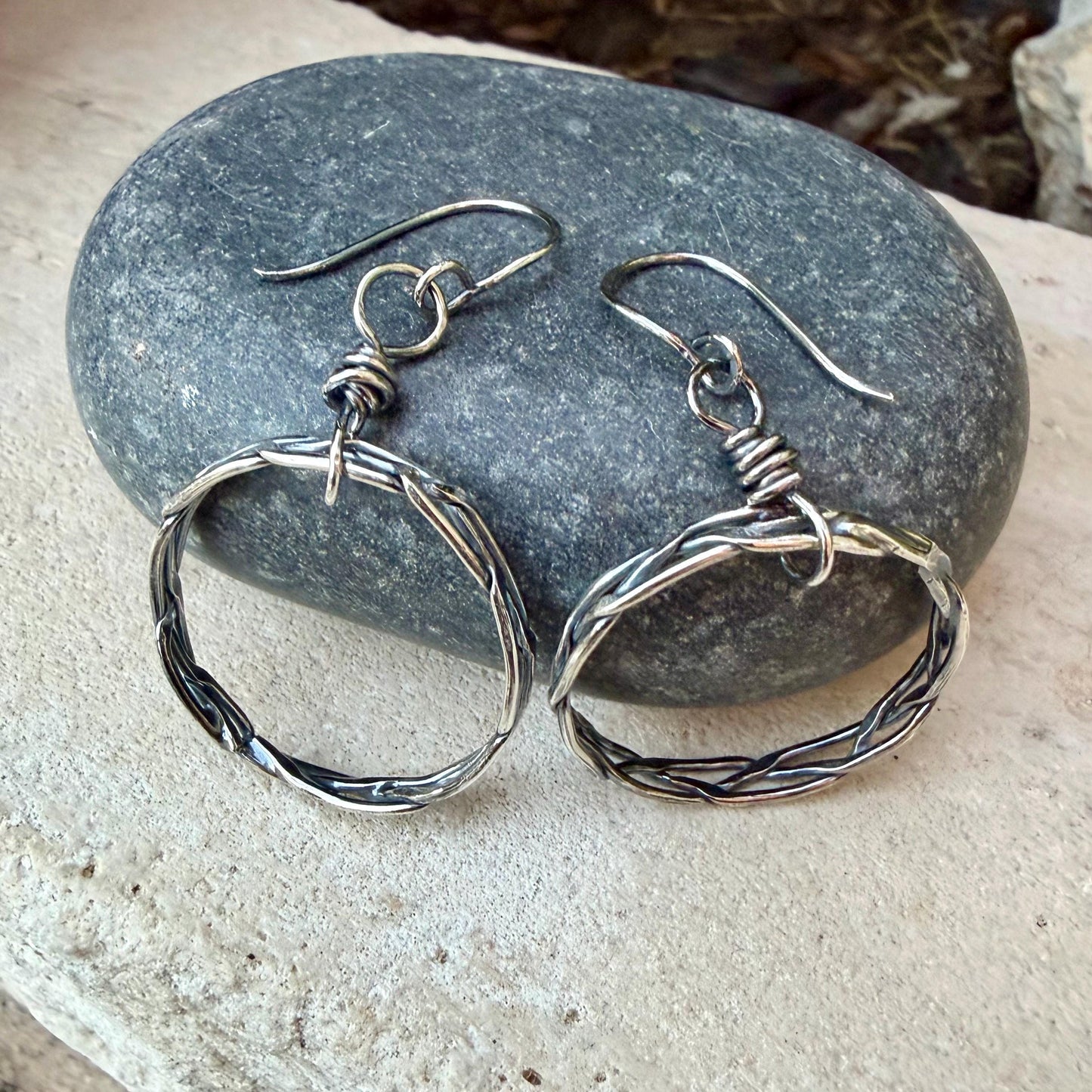Rustic Silver Hoop Earrings • Argentium Braided Wire • 2 Inch Drop