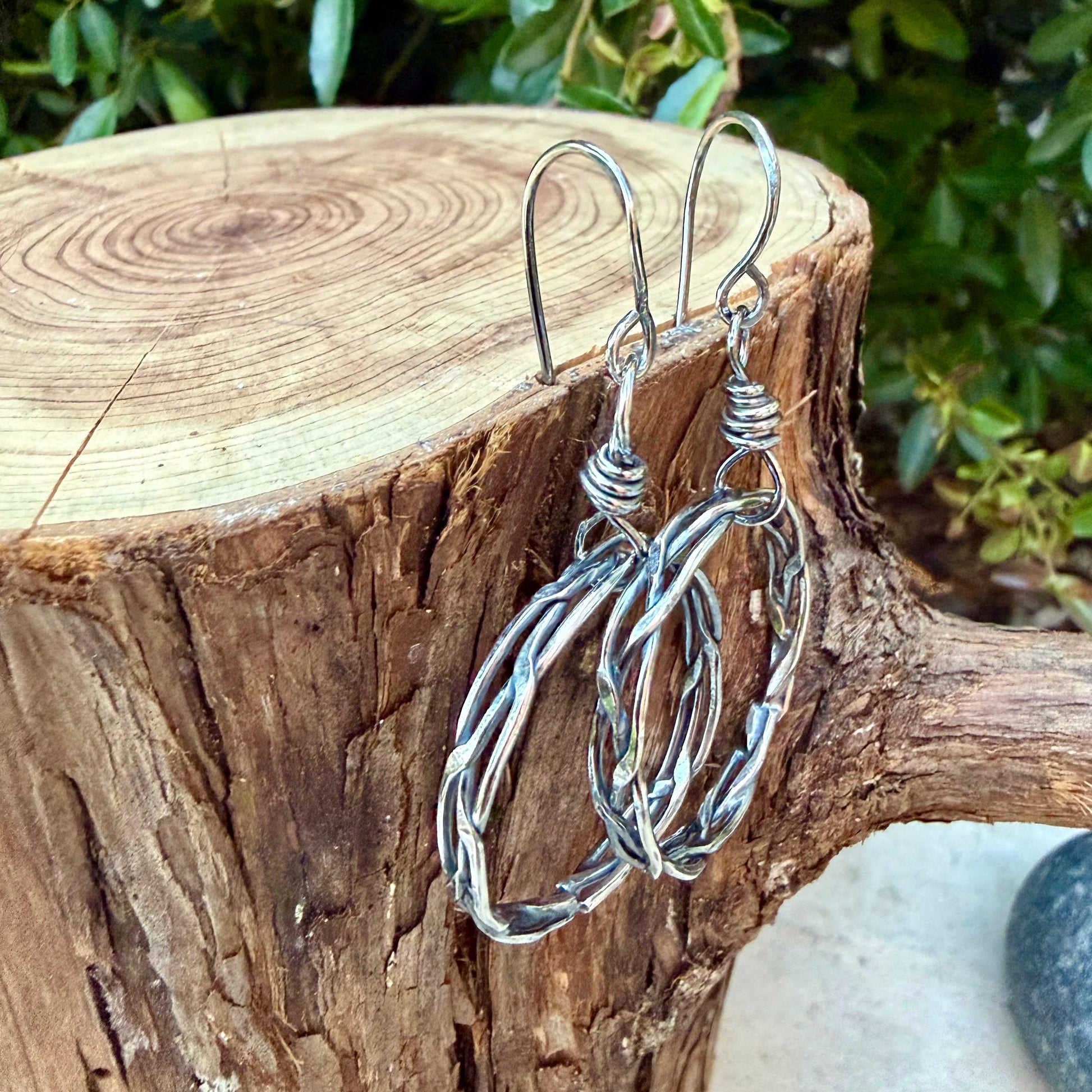 Rustic Silver Hoop Earrings • Argentium Braided Wire • 2 Inch Drop