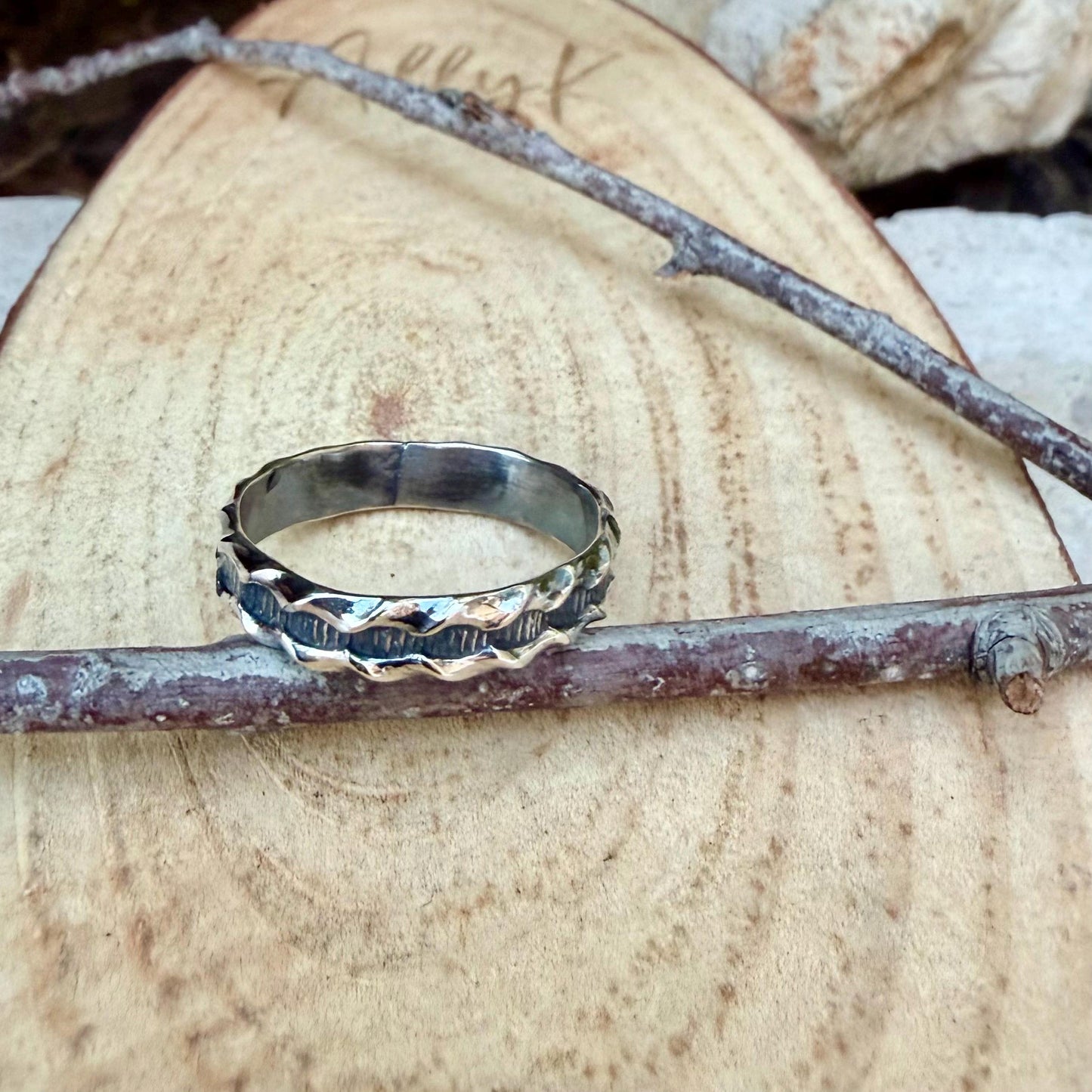 Sterling Silver Ridged Band • Rustic Textured Pattern Ring