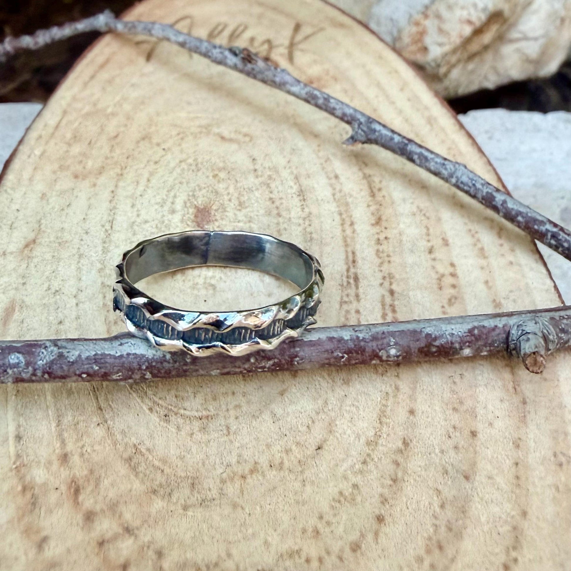 Sterling Silver Ridged Band • Rustic Textured Pattern Ring