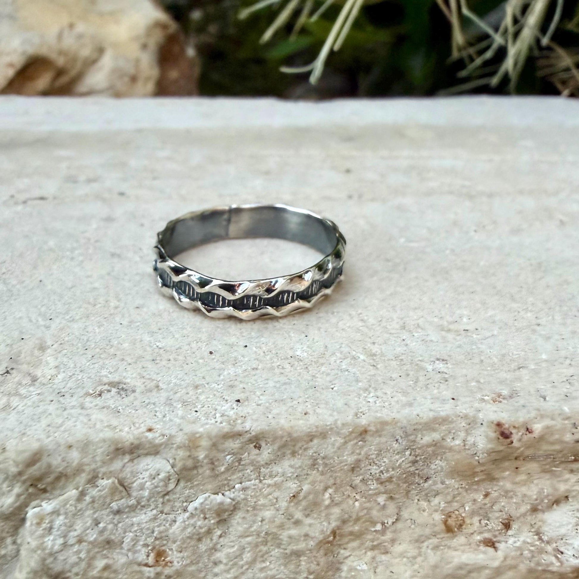 Sterling Silver Ridged Band • Rustic Textured Pattern Ring