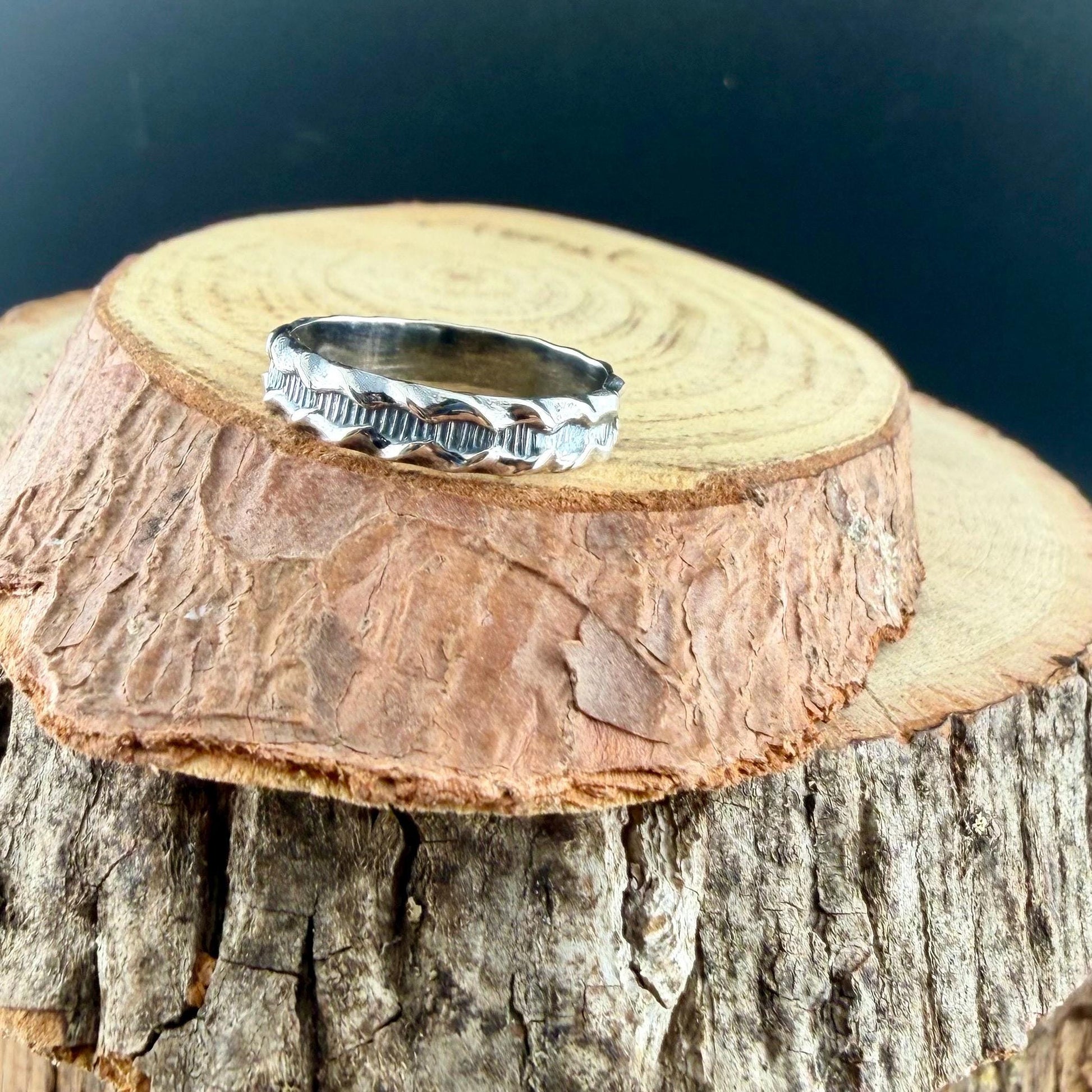 Sterling Silver Ridged Band • Rustic Textured Pattern Ring