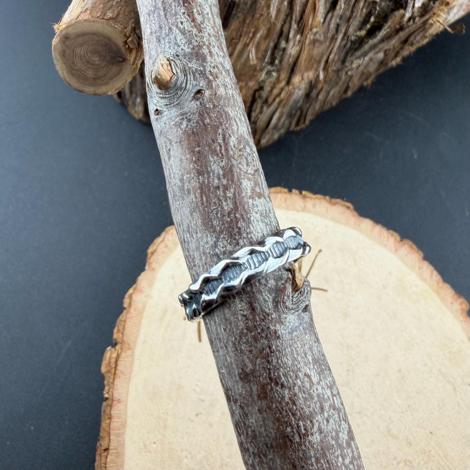 Sterling Silver Ridged Band • Rustic Textured Pattern Ring