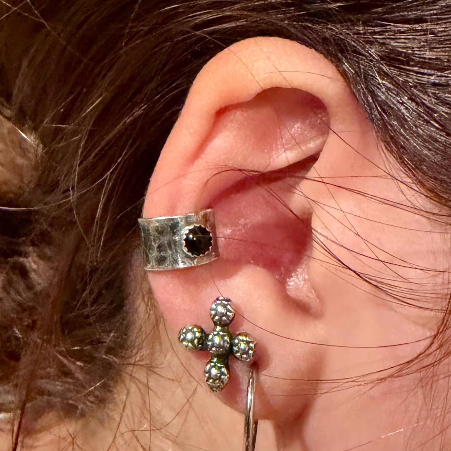 Sterling Silver Onyx Ear Cuff • 3mm or 4mm • Wide Conch Band • No Piercing Earring