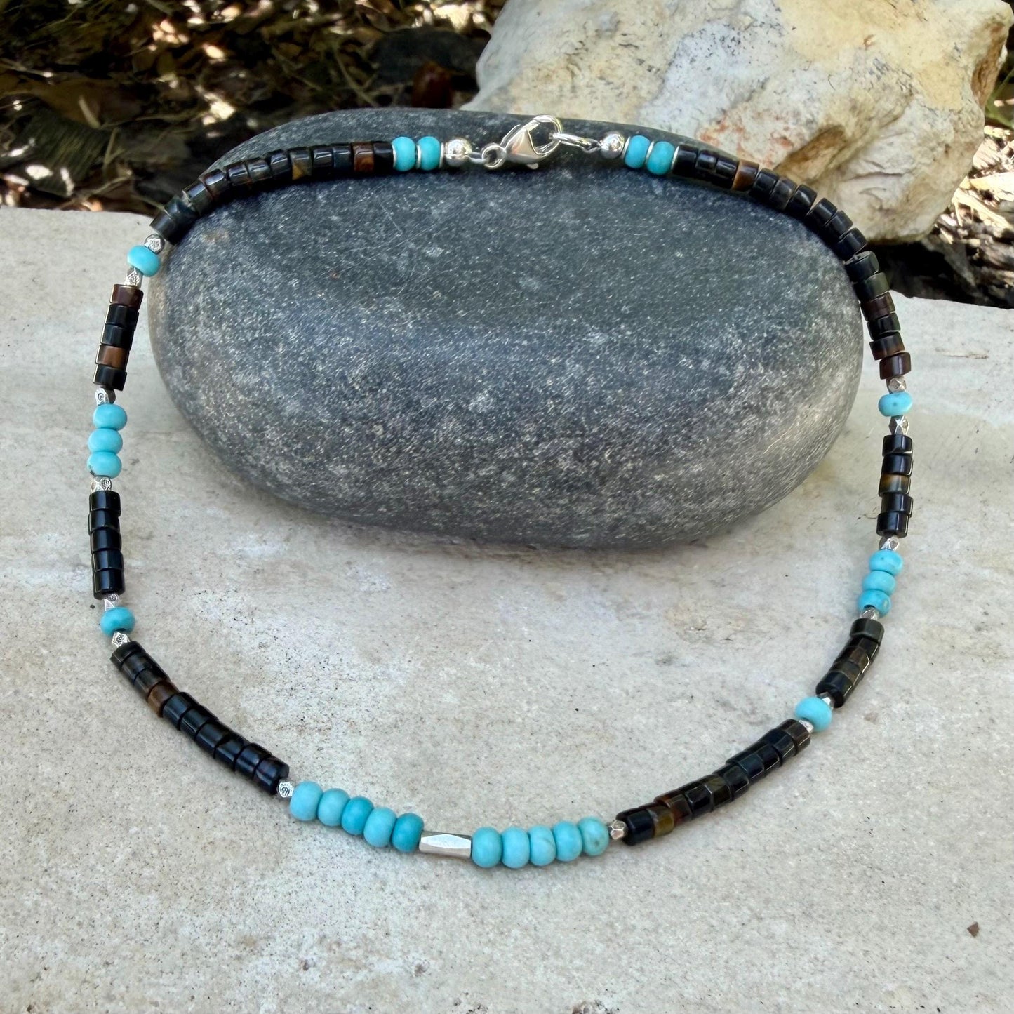 Blue Tiger’s Eye Turquoise Anklet • Sterling Silver Hawk’s Eye Ankle Bracelet