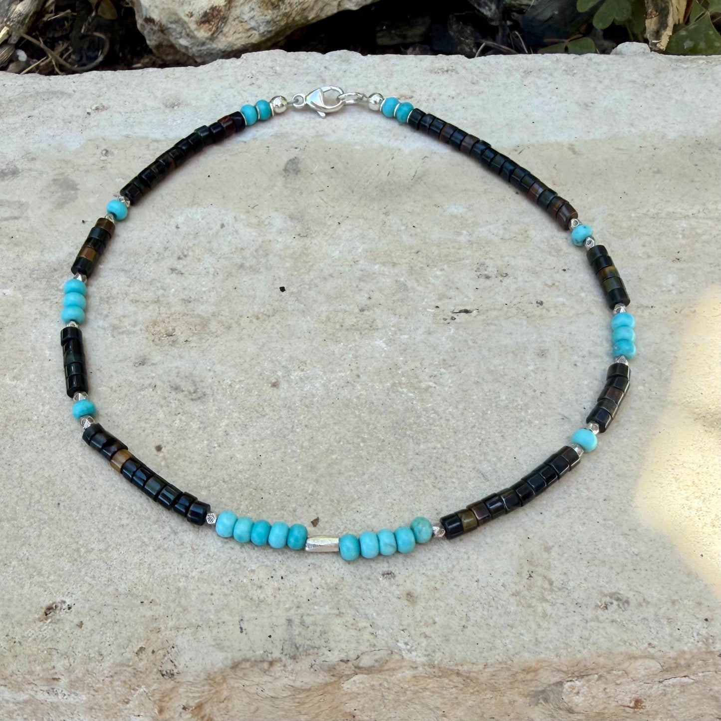 Blue Tiger’s Eye Turquoise Anklet • Sterling Silver Hawk’s Eye Ankle Bracelet
