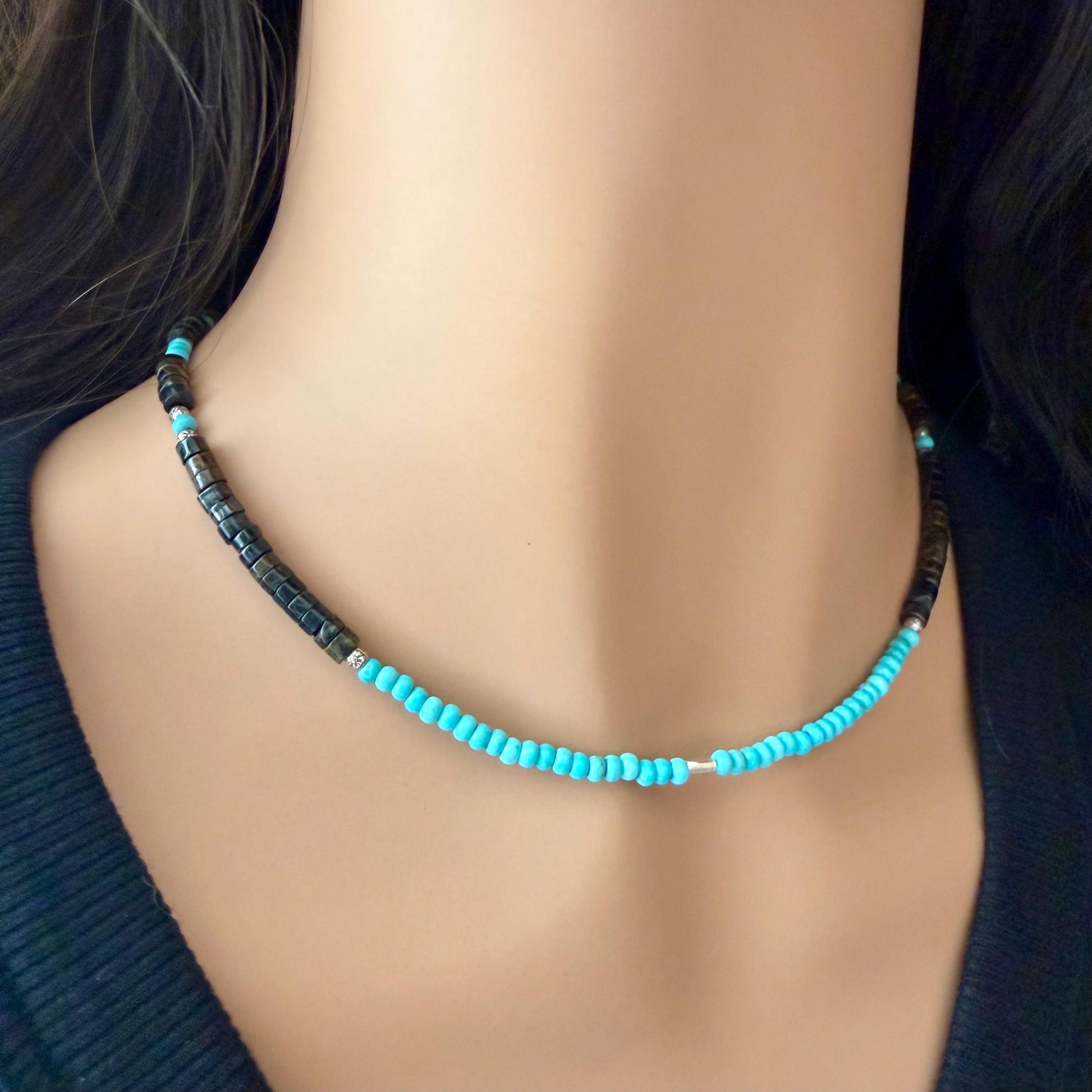 Blue Tiger’s Eye Hawk’s Eye Choker Necklace • Turquoise • Sterling Silver